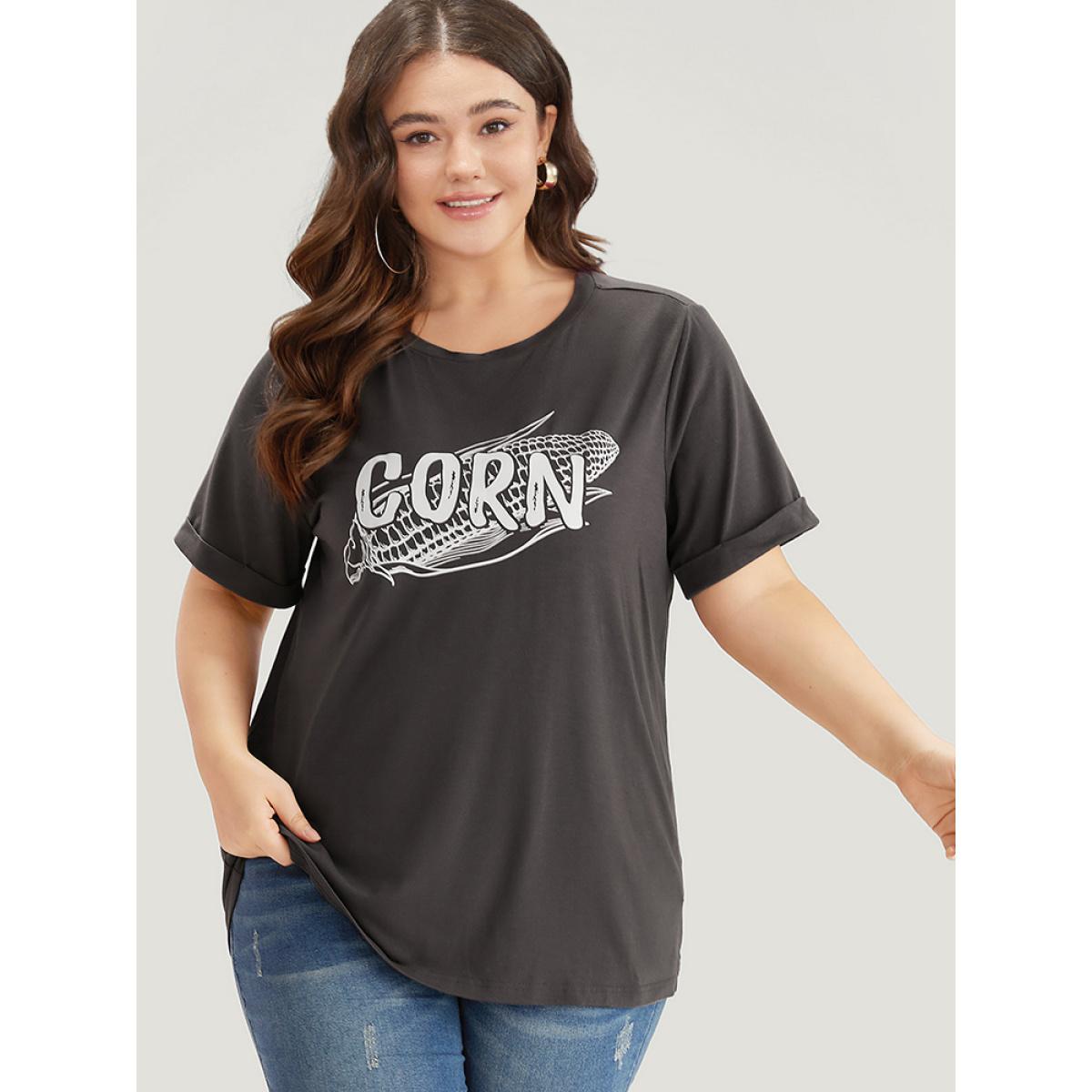 Plus Size Corn Print Round Neck Roll Sleeve T-shirt DimGray Women Casual Printed Western Dailywear T-shirts BloomChic 12/L Product Image