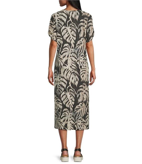 Westbound Sketched Palms Short Sleeve V-Neck Midi Dress Product Image