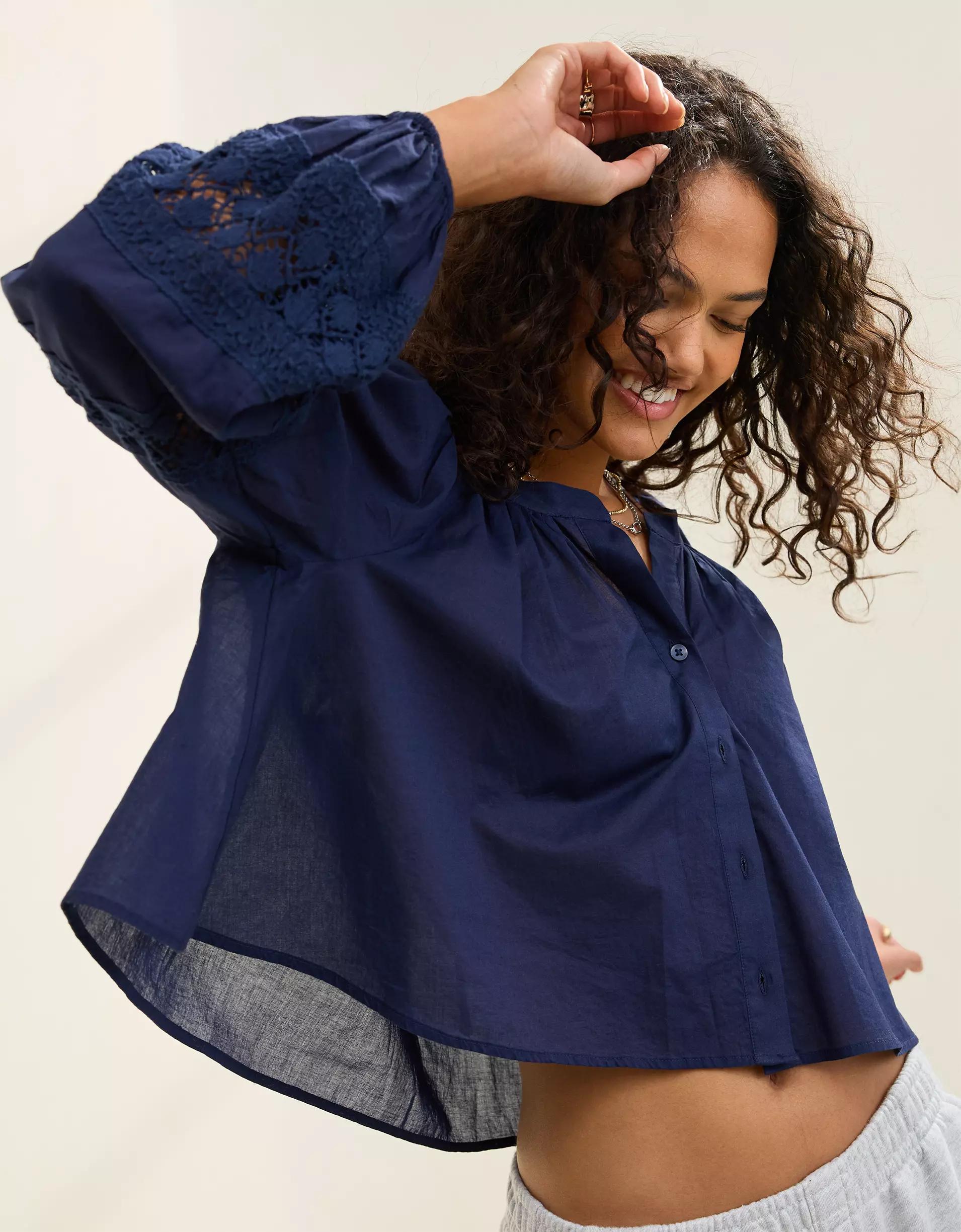 Aerie Long Sleeve Crochet Button Down Shirt Product Image