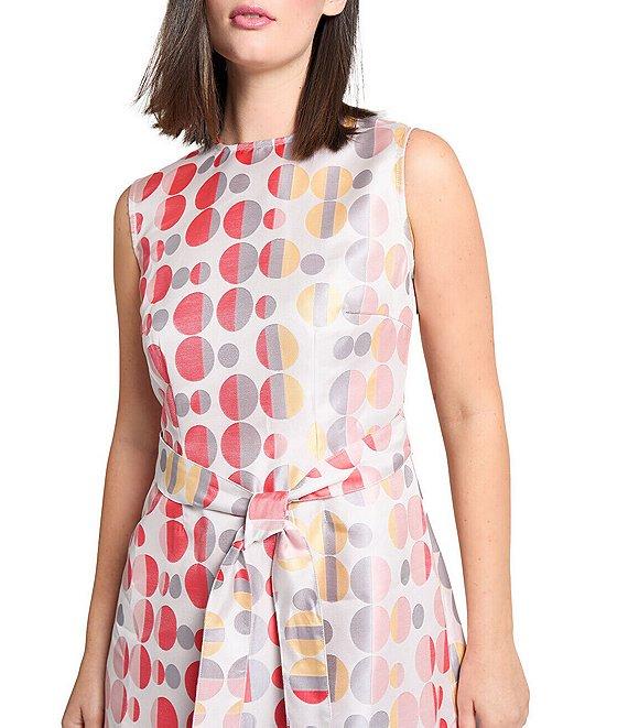 Ming Wang Novelty Woven Jacquard Polka Dot Crew Neck Sleeveless A-line Belted Sheath Dress Product Image