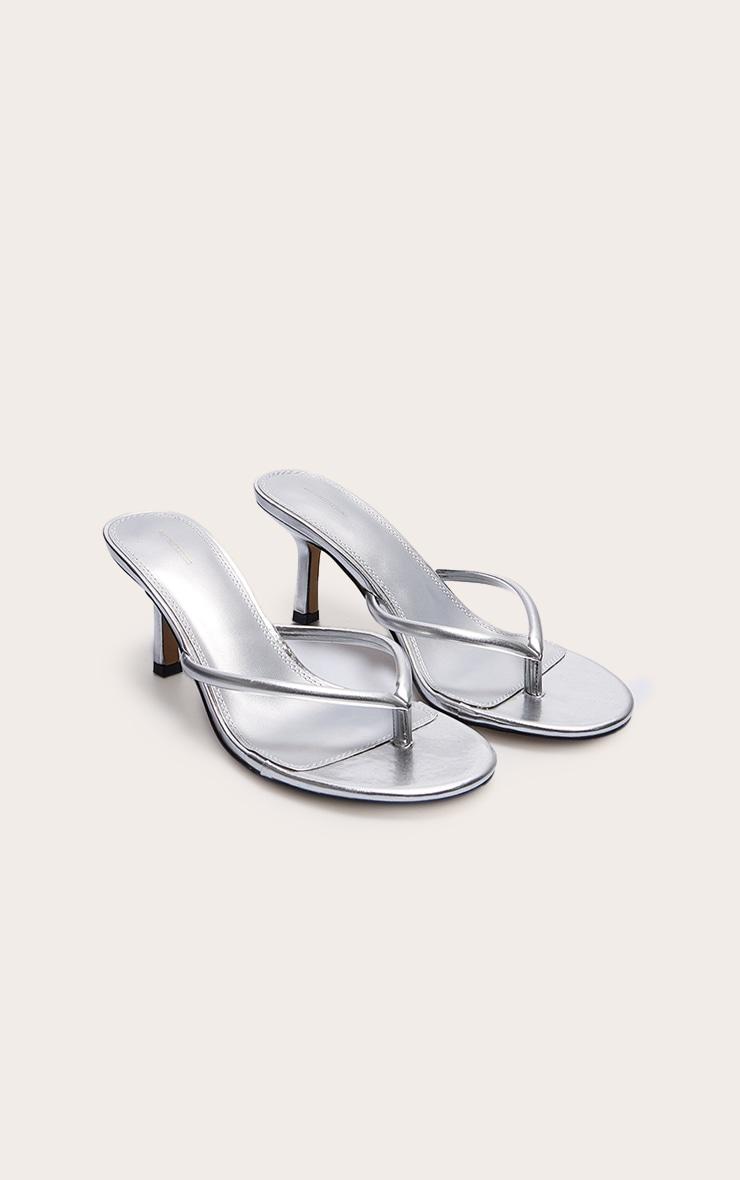 Silver Pu Round Toe Thong Mid Heeled Mules Product Image
