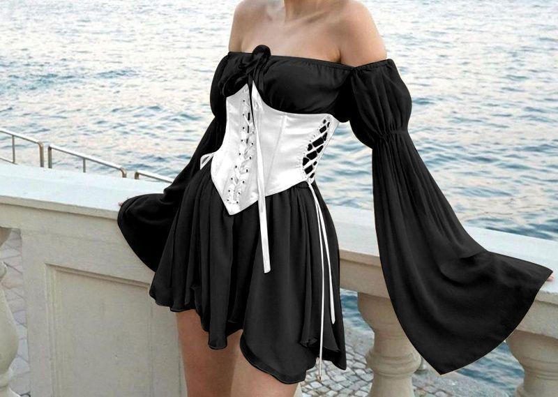 Set: Bell-Sleeve Off-Shoulder Mini Dress + Lace Up Corset Product Image