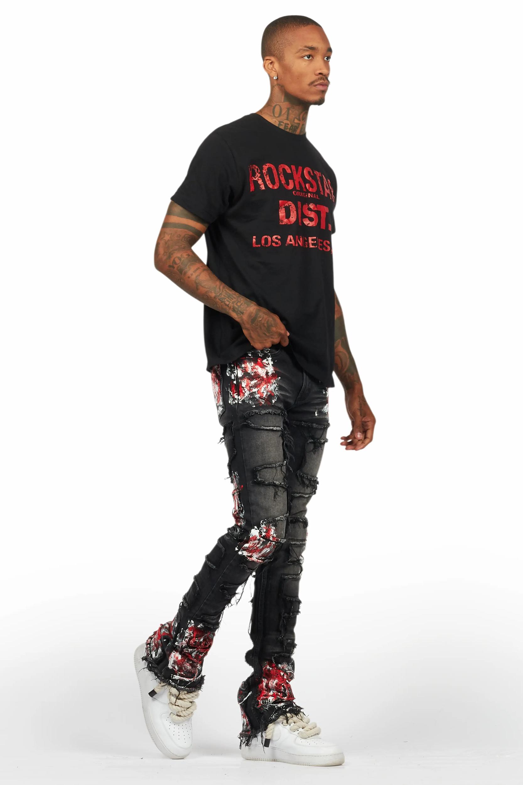 Saxon Dark Grey/Red T-Shirt/Stacked Flare Jean Set Male Product Image