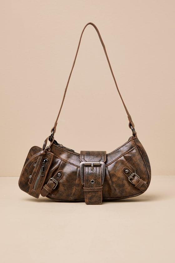 Taya Brown Distressed Buckle Shoulder Bag Product Image