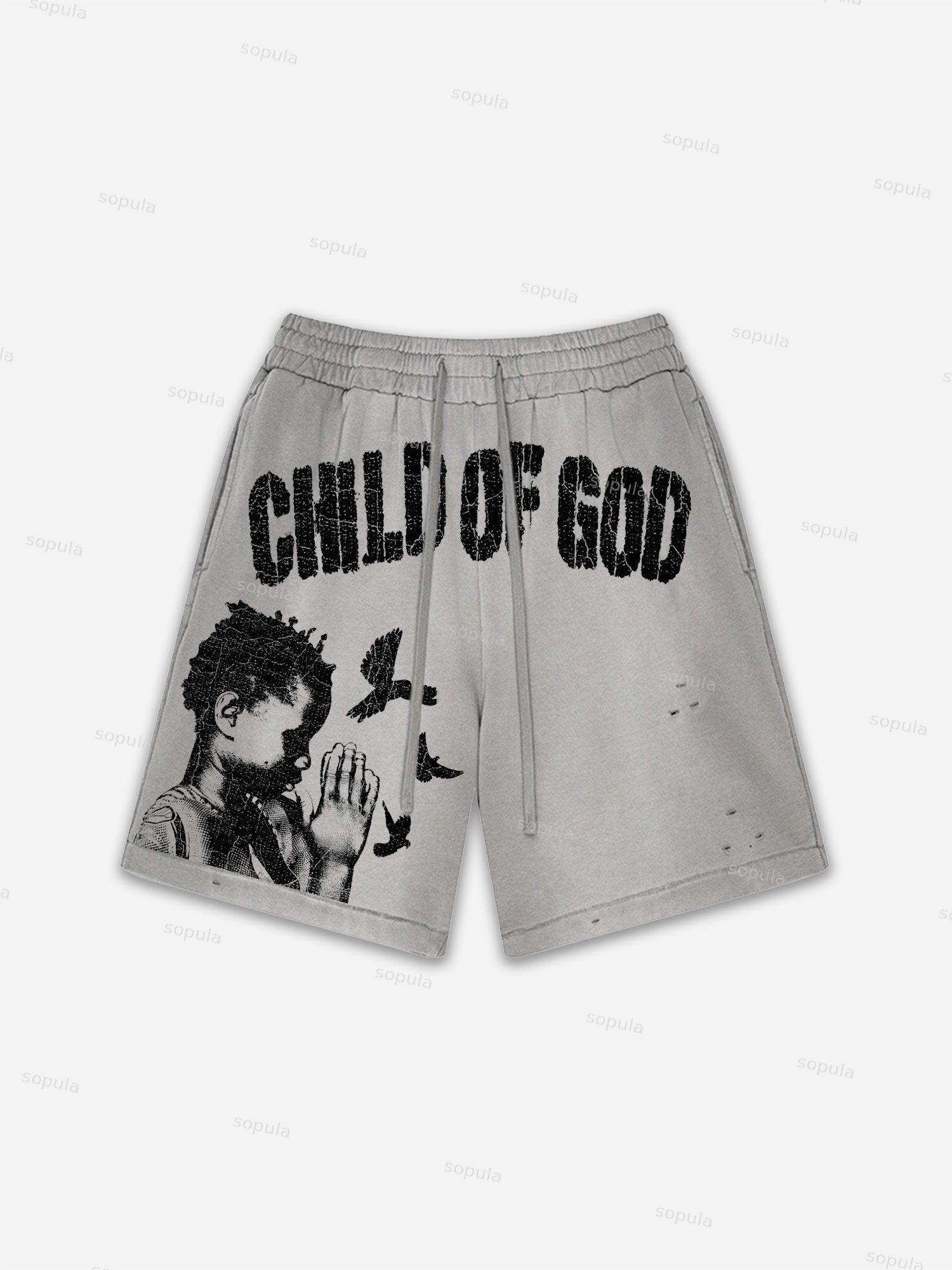 Child Of God Praying For Peace Print Vintage Washed Ripped Shorts Product Image