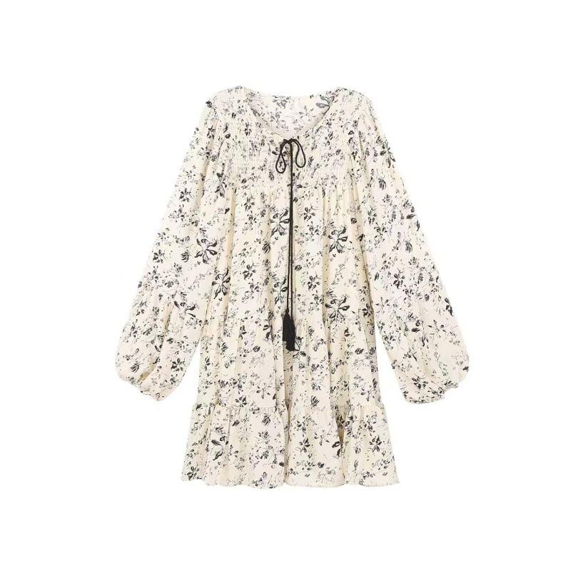 Maternity Long-Sleeve Round Neck Floral Print Tie Front Shirred Mini A-Line Dress Product Image
