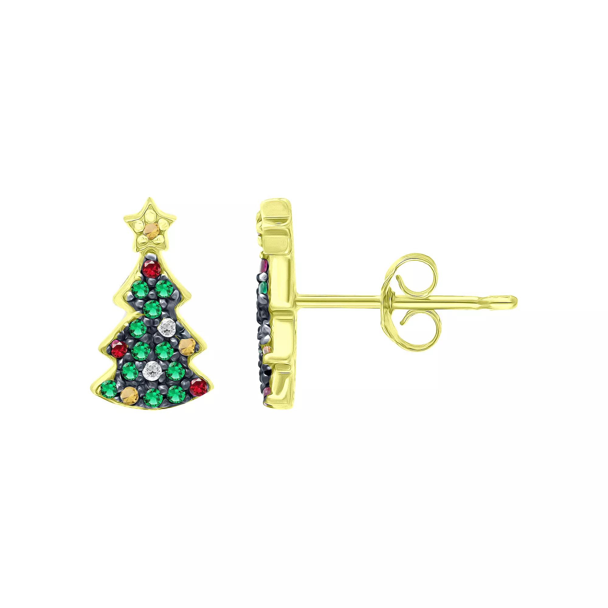 Aleure Precioso Sterling Silver Cubic Zirconia Christmas Tree Stud Earrings, Women's, Gold Tone Green Product Image