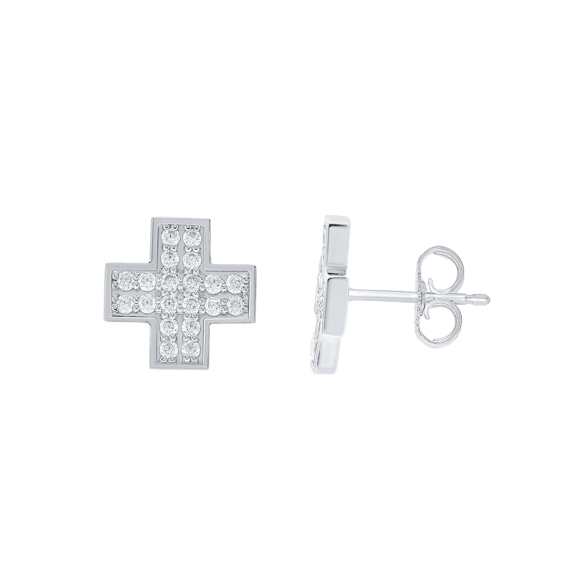 Men's Sterling Silver 1/2 Carat T.W. Diamond Cross Stud Earrings Product Image