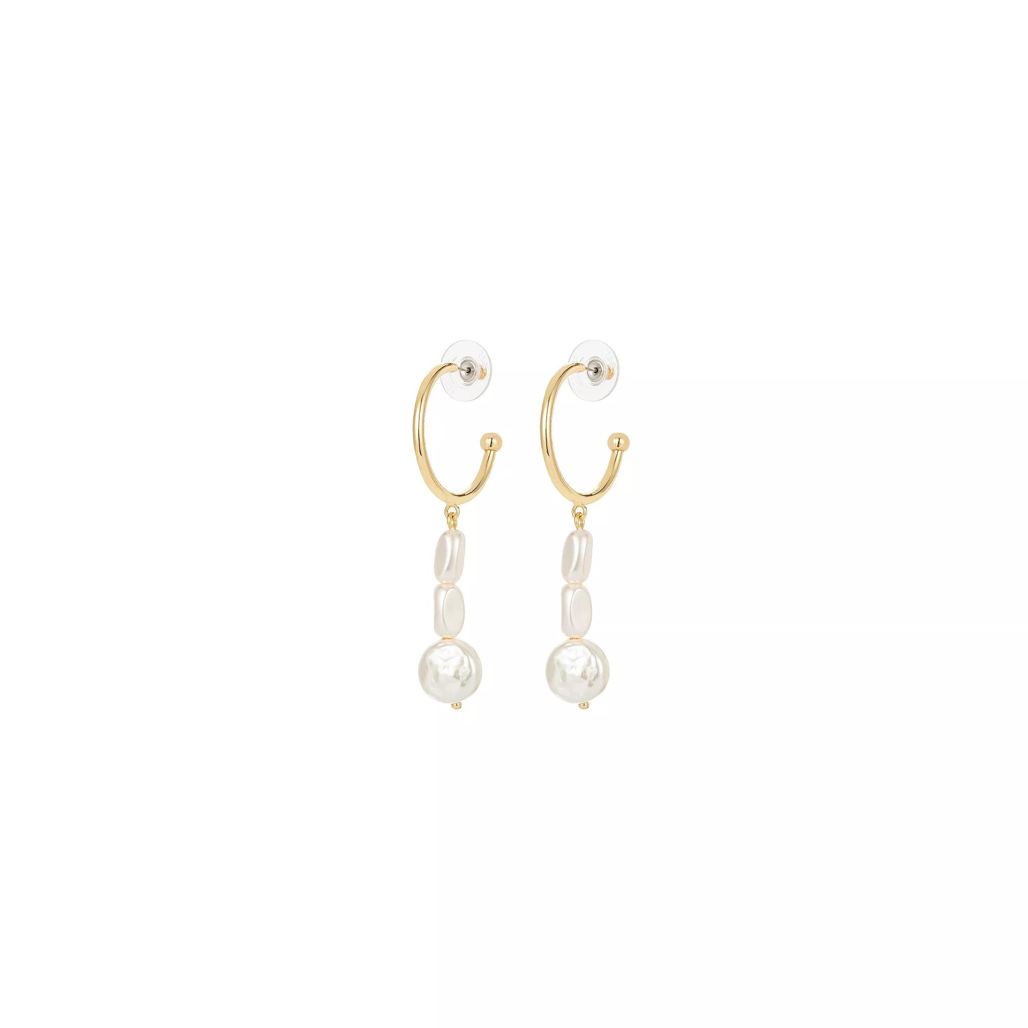 Roman 14k Gold Plated Glass Simulated Baroque Pearls Trio C-Hoop Drop Earrings, Women's, Gold Tone Product Image