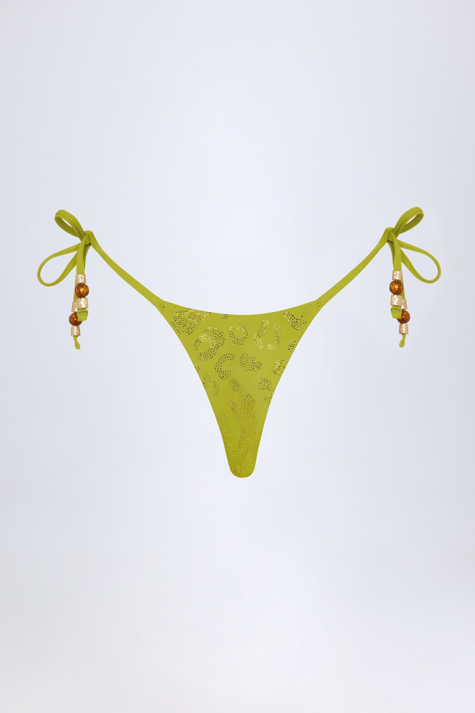 Charm-Detail Thong Bikini Bottoms in Olive Green Product Image