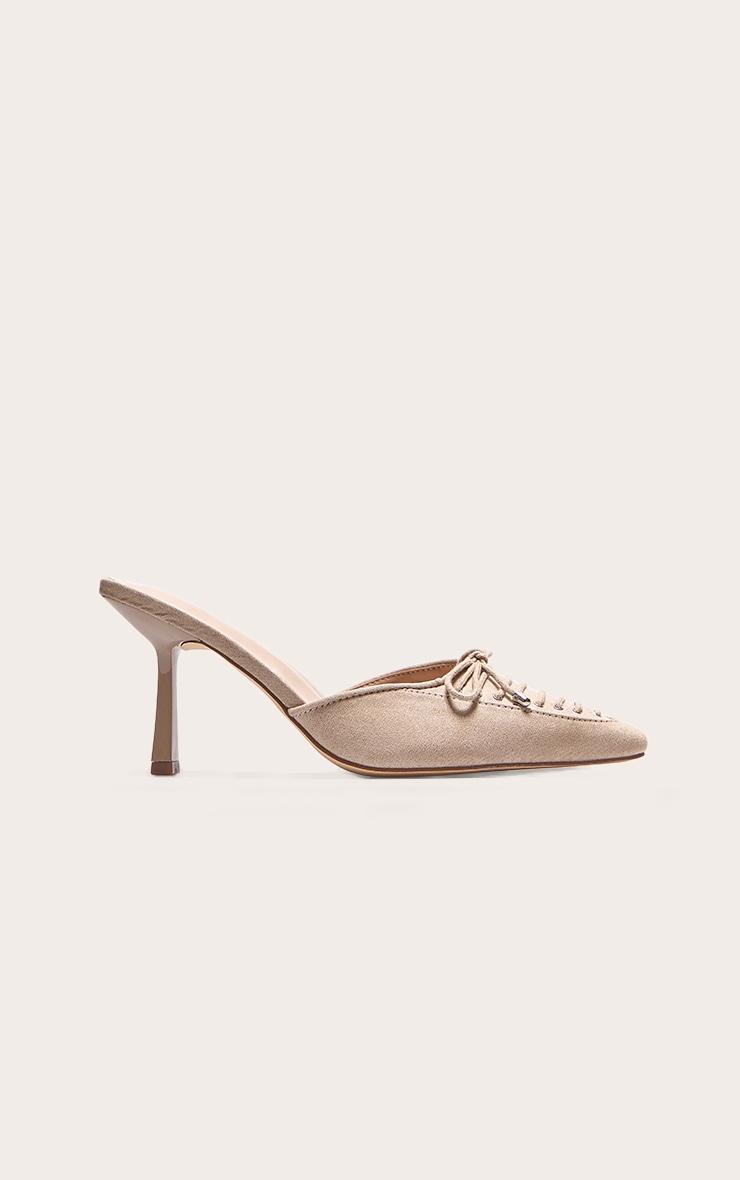 Beige Faux Suede Wide Fit Pointed Toe Lace Up Heeled Mules Product Image