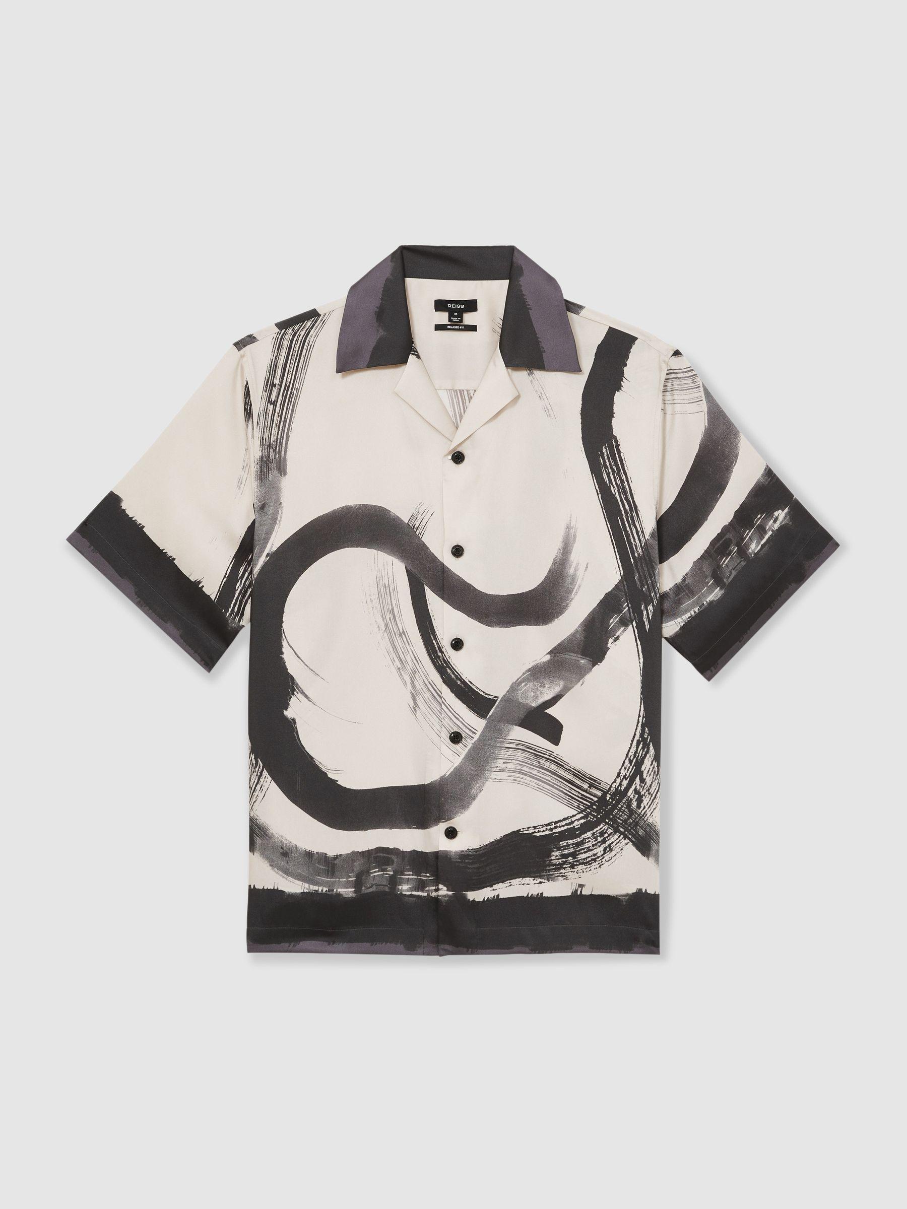 Brushstroke-Print Cuban-Collar Shirt in Charcoal Grey/Off White Product Image