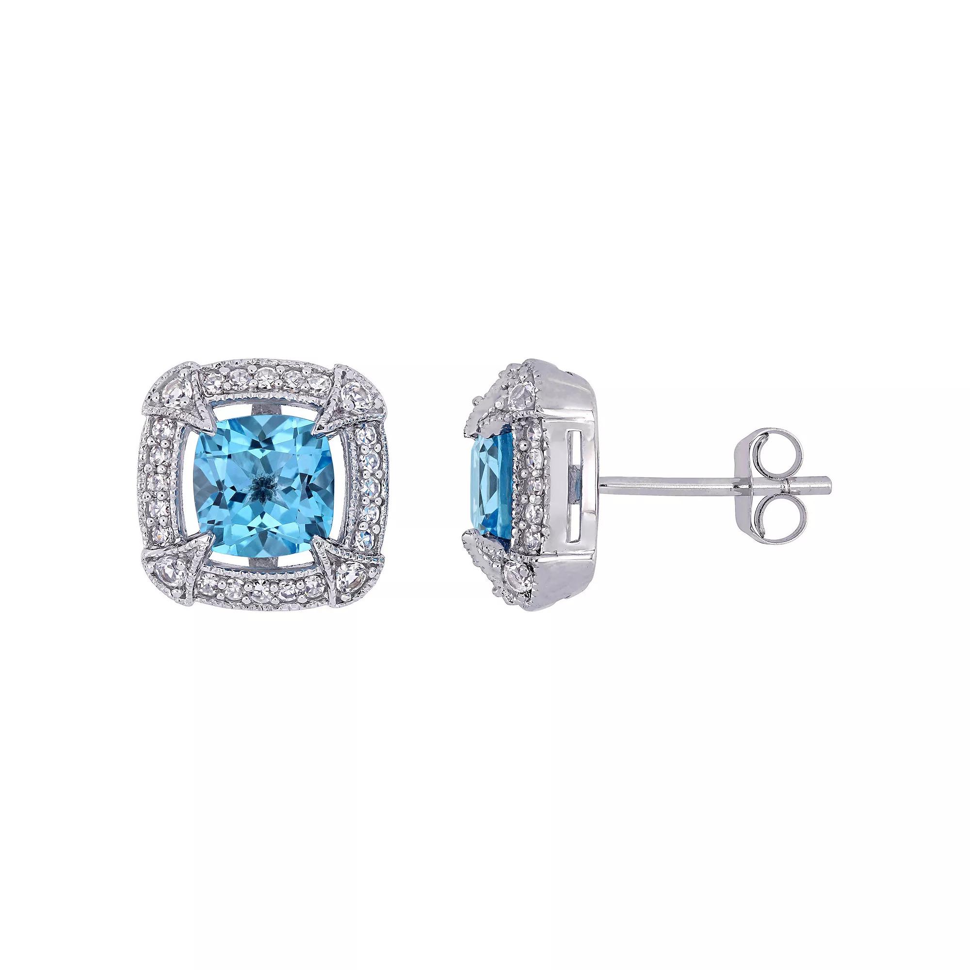 Stella Grace 10k White Gold Swiss Blue Topaz, White Sapphire & 1/5 Carat T.W. Diamond Halo Stud Earrings, Womens, 10k Whgold Product Image
