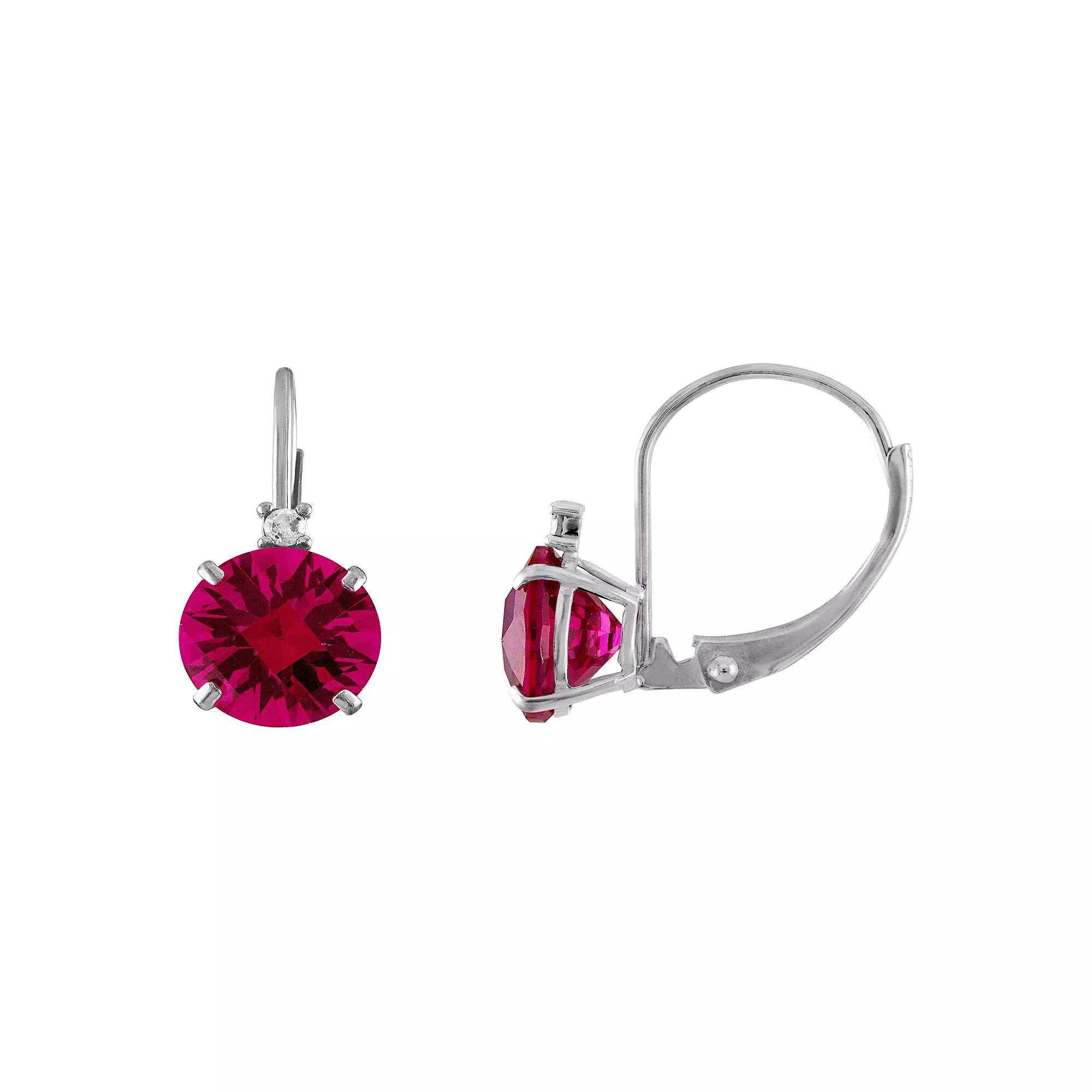 Tiara 10k White Gold Lab-Created Ruby & Diamond Accent Leverback Earrings, Womens Product Image