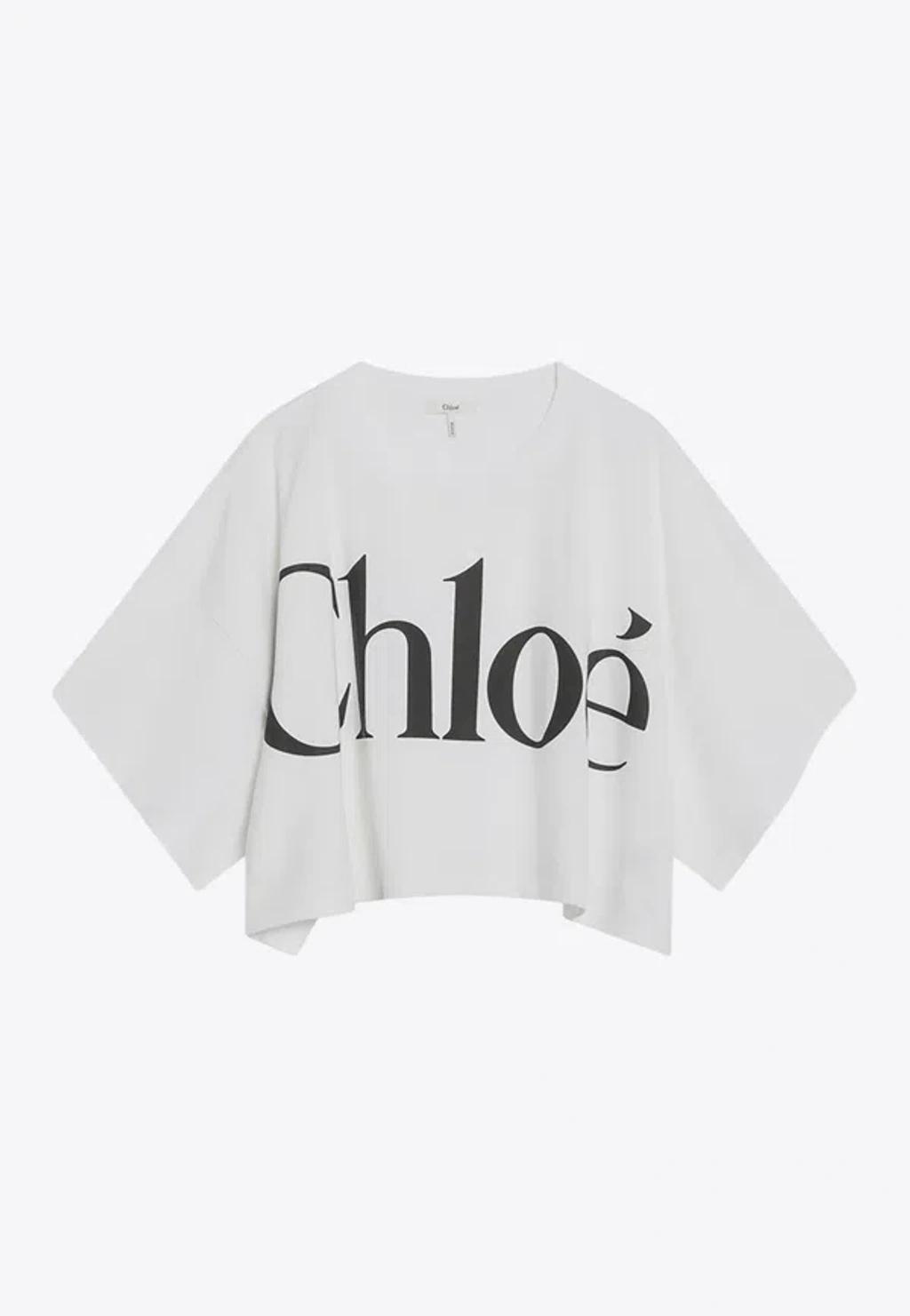 CHLOÉ White Cropped Crewneck T-shirt With Maxi Logo Print On The Front In Cotton Woman In Multicolor Product Image