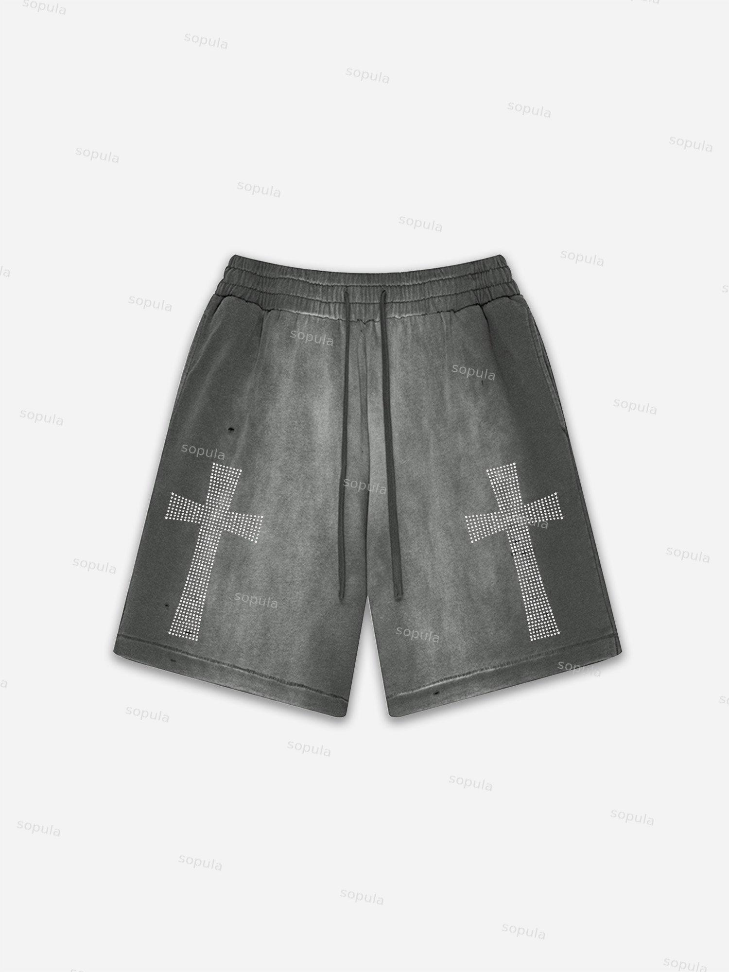 One Of One Star Print Vintage Washed Ripped Shorts Product Image