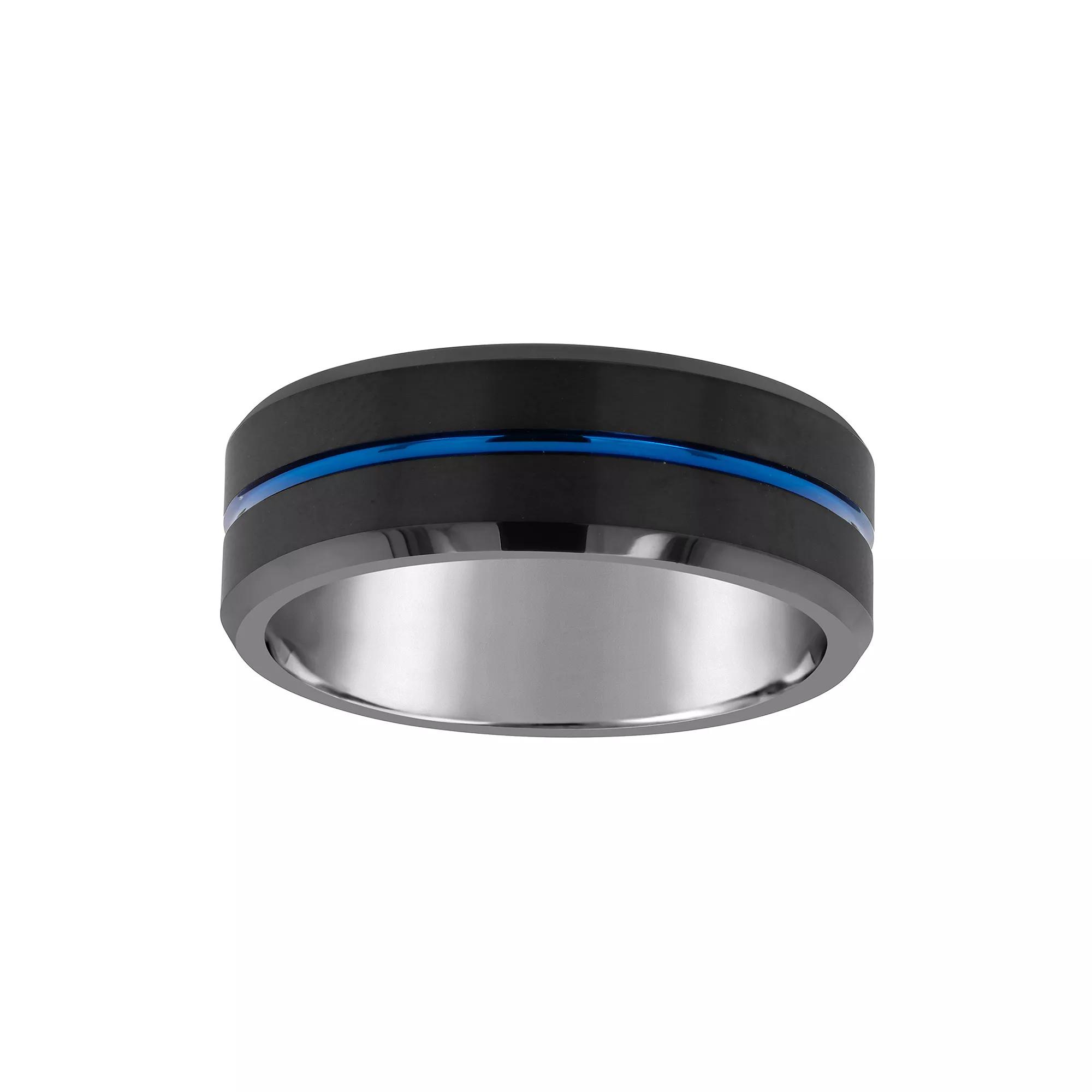 Mens 8mm Black & Blue Ion-Plated Tungsten Wedding Band Ring Black Ion Plated Product Image