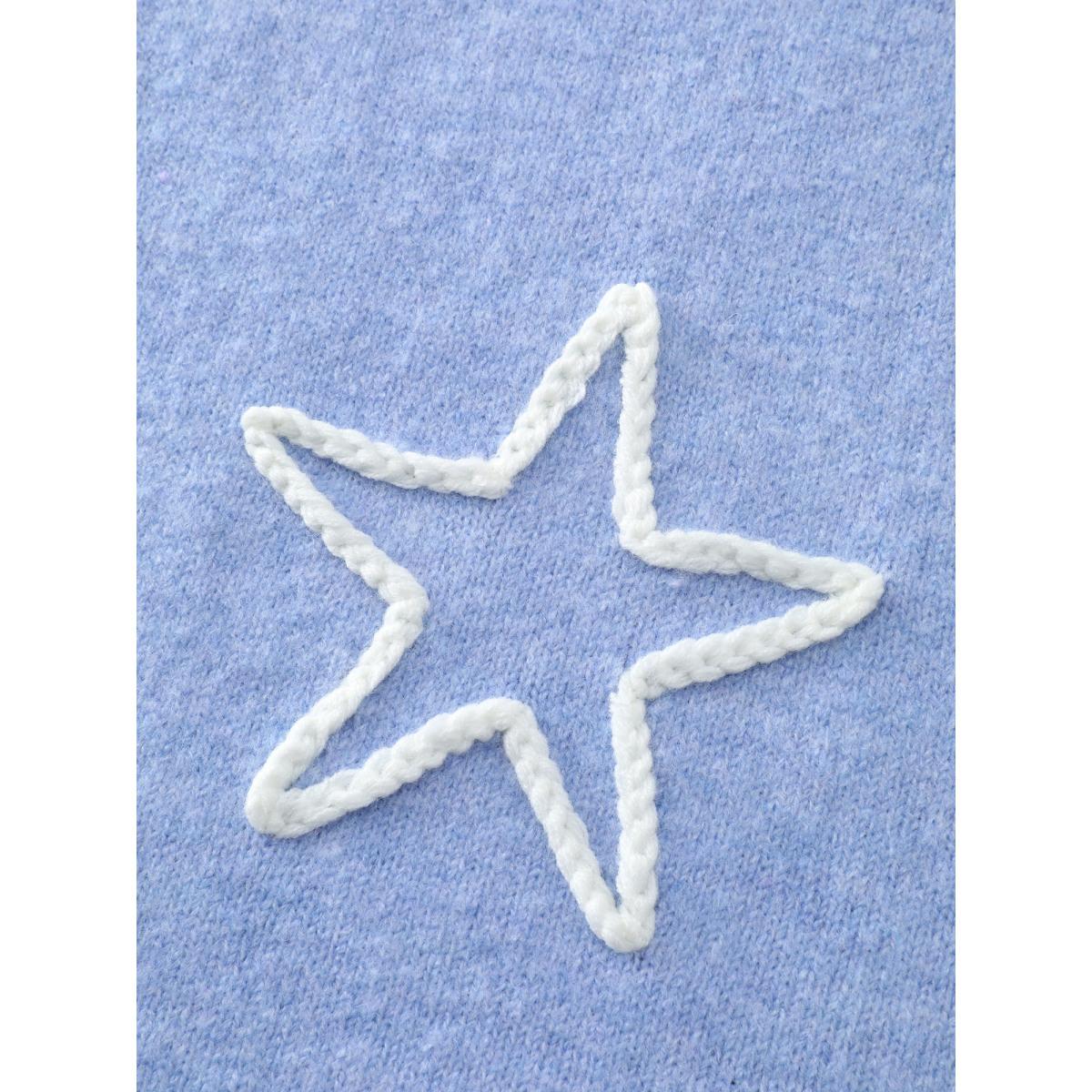 Plus Size Star Pattern Coil Rope Embroidery Pullover LightBlue Women Playful Loose Long Sleeve Round Neck Casual Pullovers BloomChic 14-16/1X Product Image