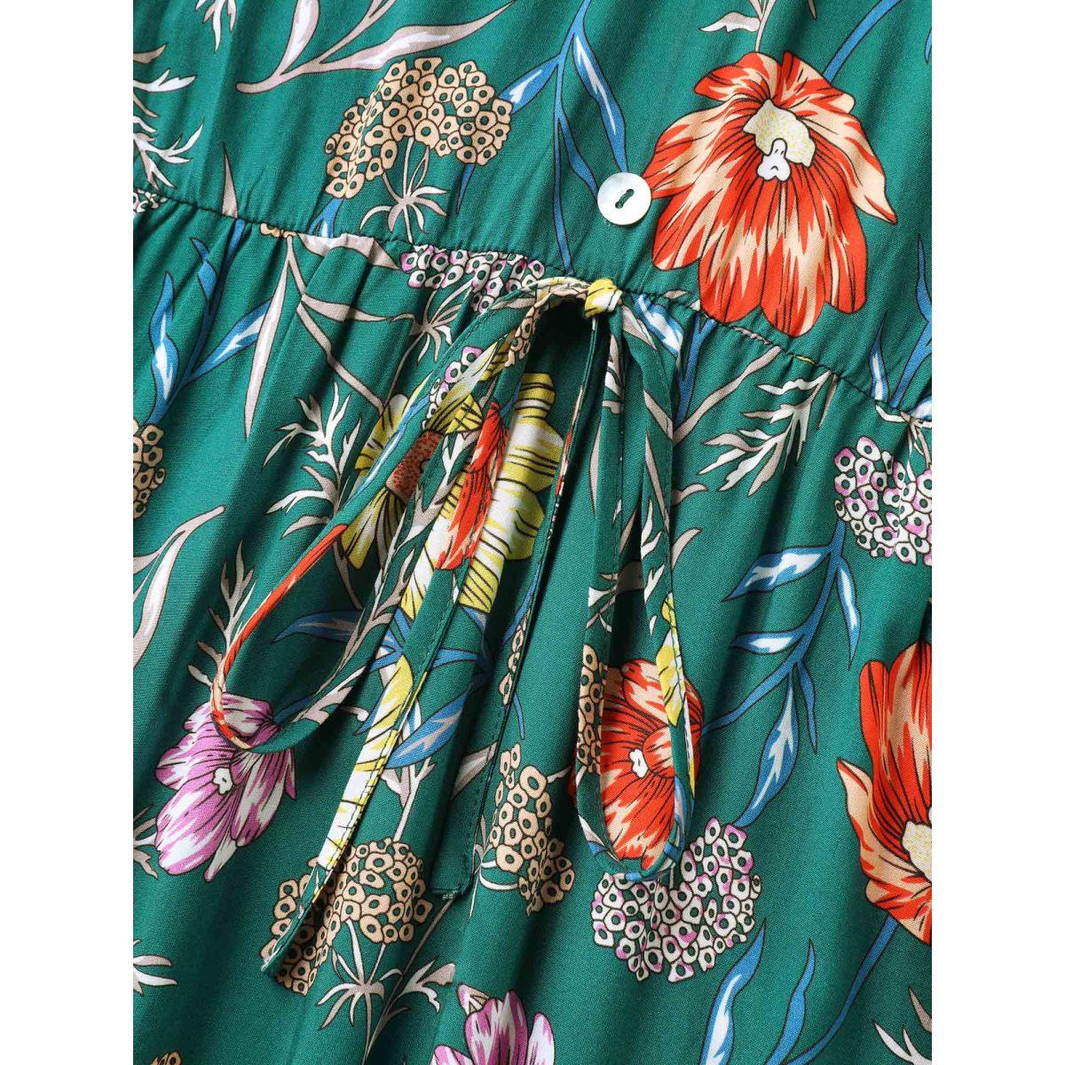 Plus Size Floral Print Stretchy-Waist Split Midi Dress DarkGreen Women Overlap Collar Short sleeve Curvy BloomChic 26/4X Product Image