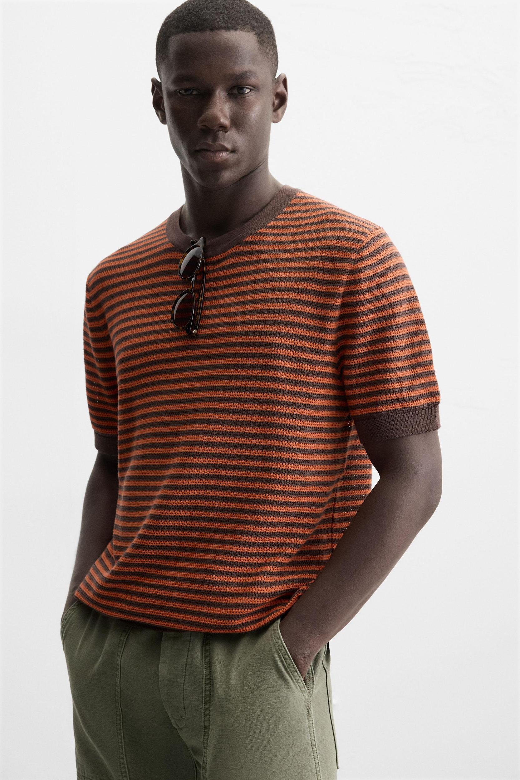 STRIPED OPEN KNIT T-SHIRT Product Image