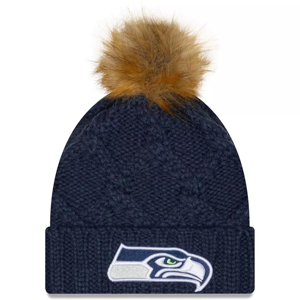 Women's New Era College Navy Seattle Seahawks Luxe Cuffed Knit Hat with Pom, Blue Product Image