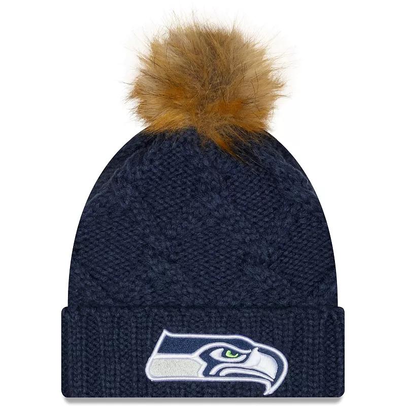 Women's New Era College Navy Seattle Seahawks Luxe Cuffed Knit Hat with Pom, Blue Product Image