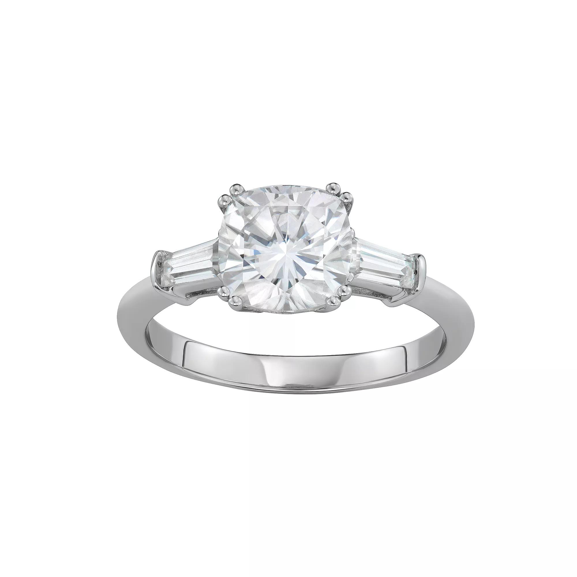 Charles & Colvard 14k White Gold 2 3/4 Carat T.W. Lab-Created Moissanite Cushion & Baguette Ring, Women's, Size: 7, 14k Whgold Product Image