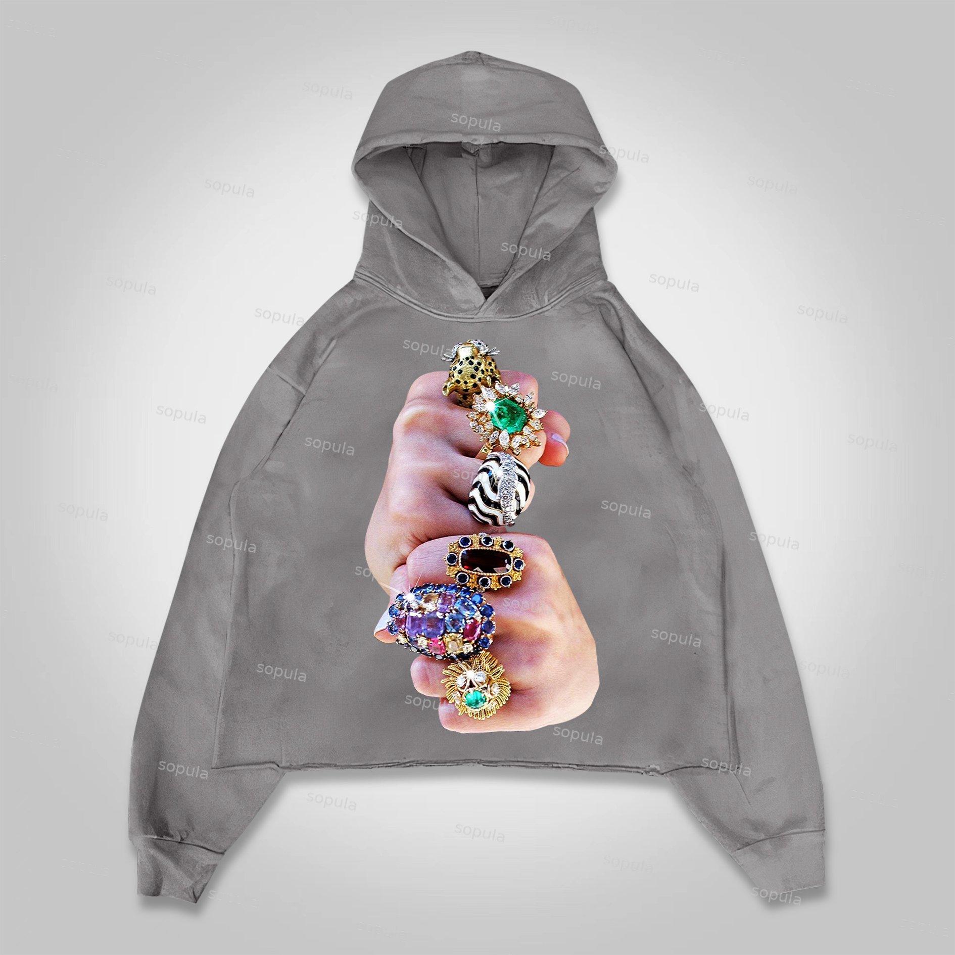 Sopula Finger Graffiti Diamond Ring Print Cropped Hoodie Product Image