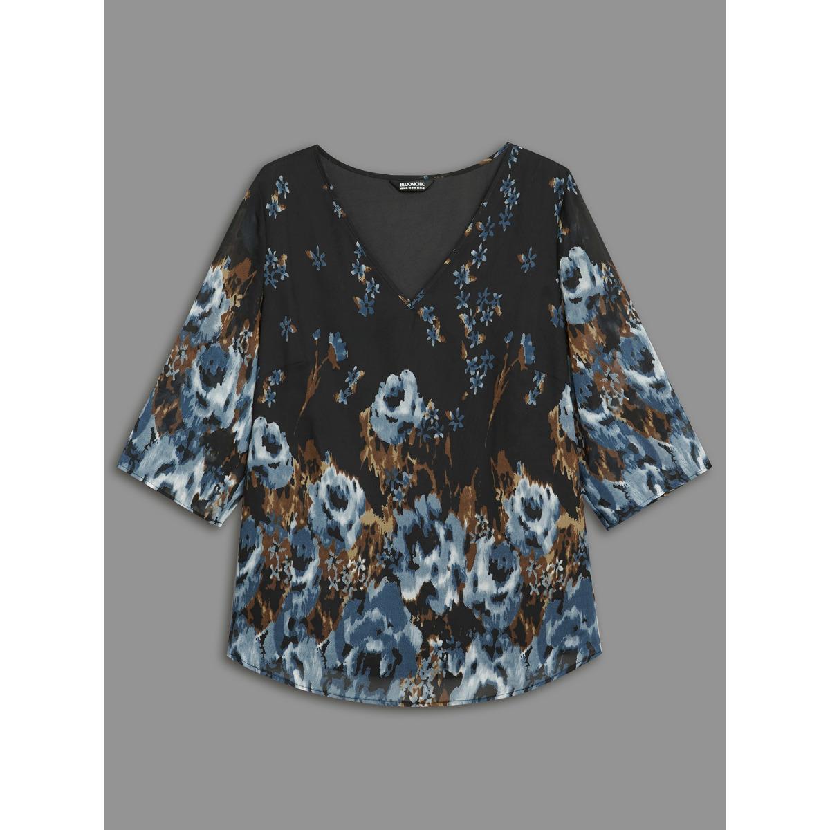 Plus Size Black V Neck Floral Bell Sleeve Blouse Women Elegant Elbow-length sleeve V-neck Everyday Blouses BloomChic 22-24/3X Product Image