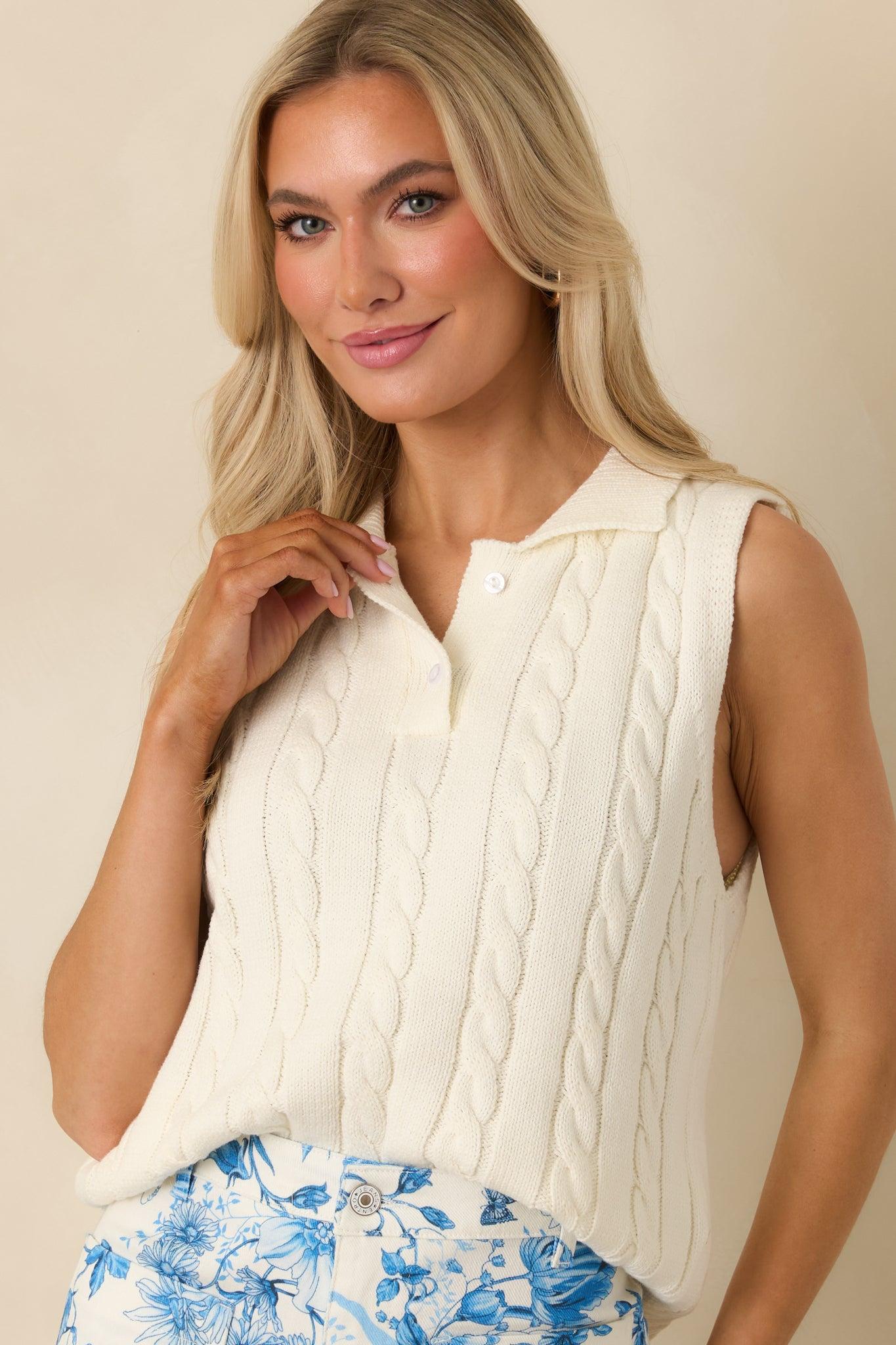 In No Particular Order Ivory Cotton Cable Knit Sweater Vest L / Ivory Product Image