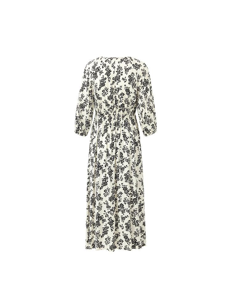 Camellia Print Gathered Waist Women Midi Dress Product Image