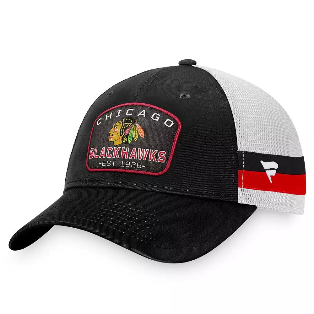 Men's Fanatics Branded Black/White Chicago Blackhawks Fundamental Striped Trucker Adjustable Hat Product Image