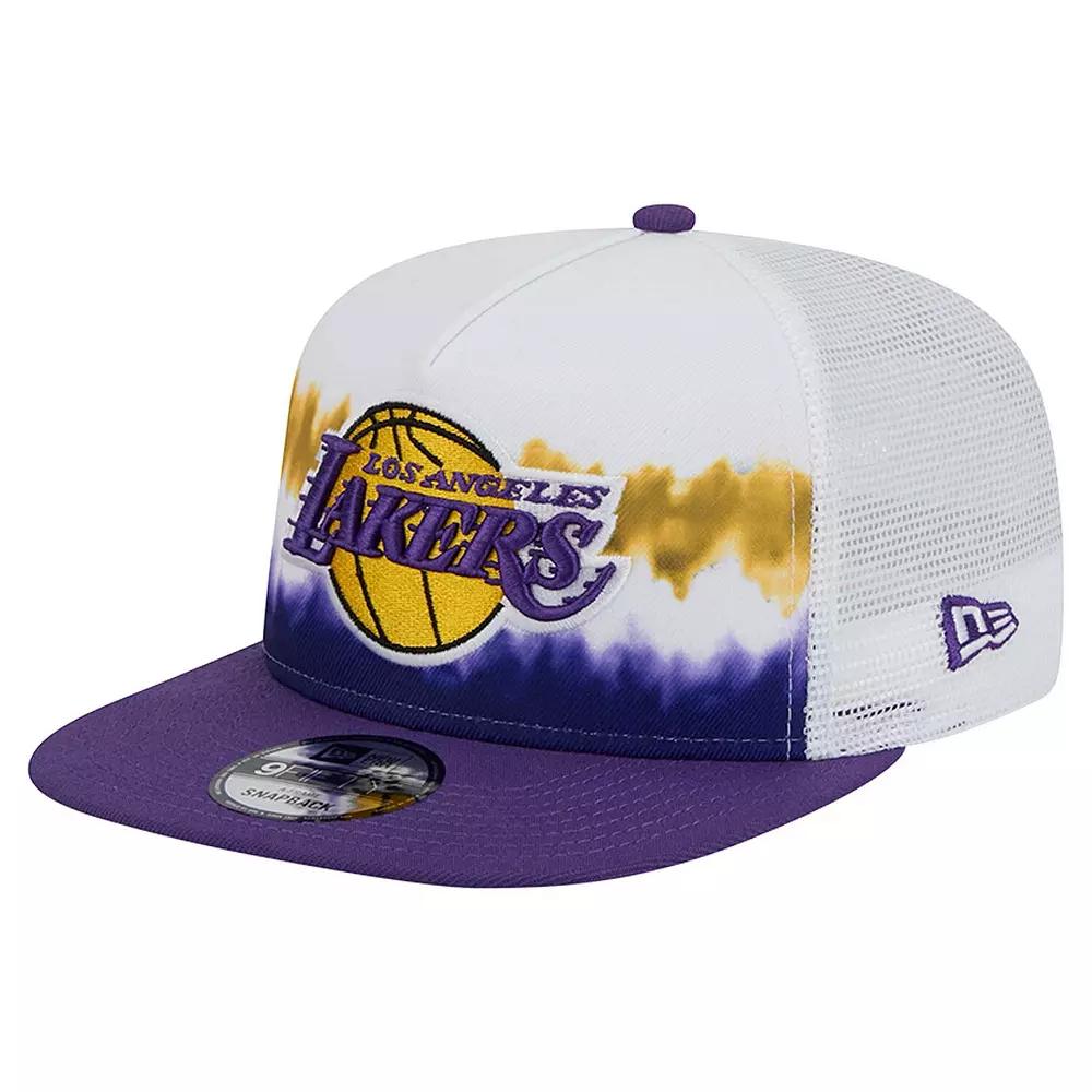 Men's New Era White/Purple Los Angeles Lakers Dip-Dye 9FIFTY A-Frame Trucker Snapback Hat Product Image
