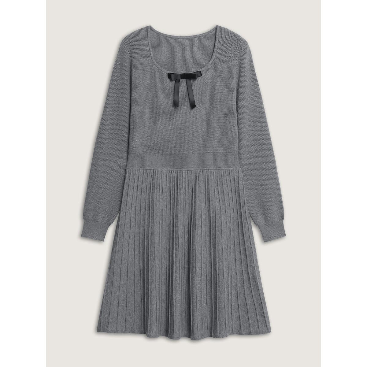 Plus Size Bowknot Neckline Cinched-Waist A-Line Sweater Dress DarkGray Women Timeless Bodycon Long Sleeve Elegant Sweater Dresses BloomChic 12/L Product Image