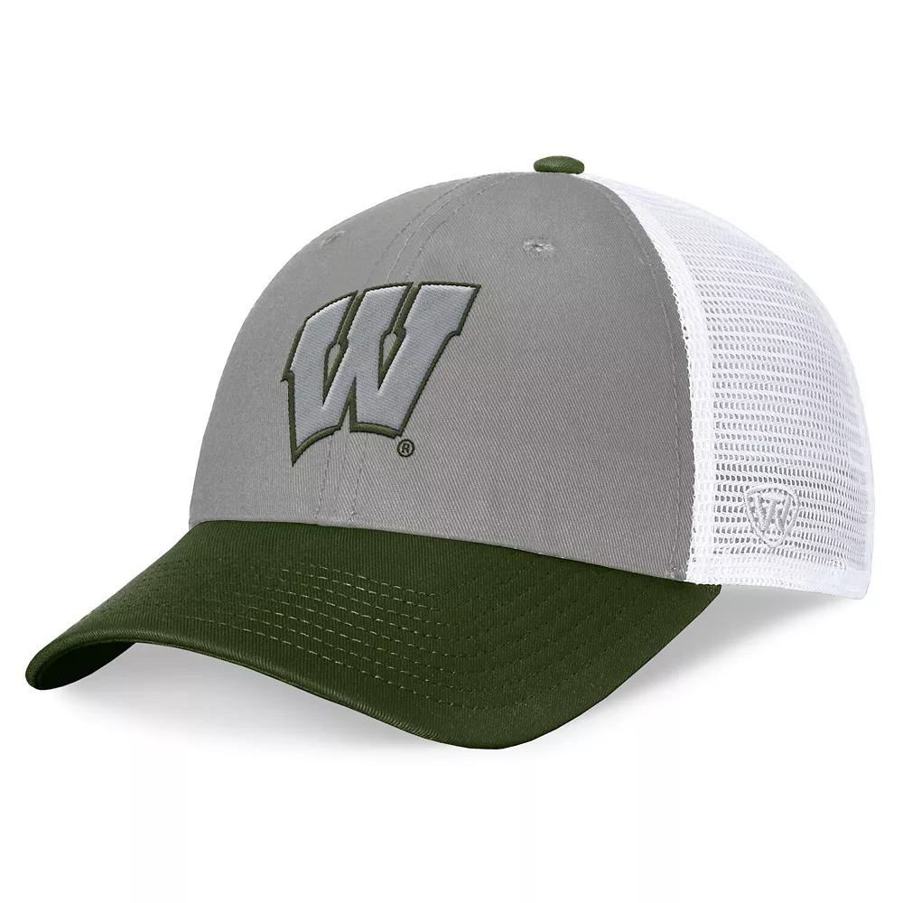 Men's Top of the World Gray/Green Wisconsin Badgers OHT Military Appreciation Badge Trucker Adjustable Hat, Grey Product Image