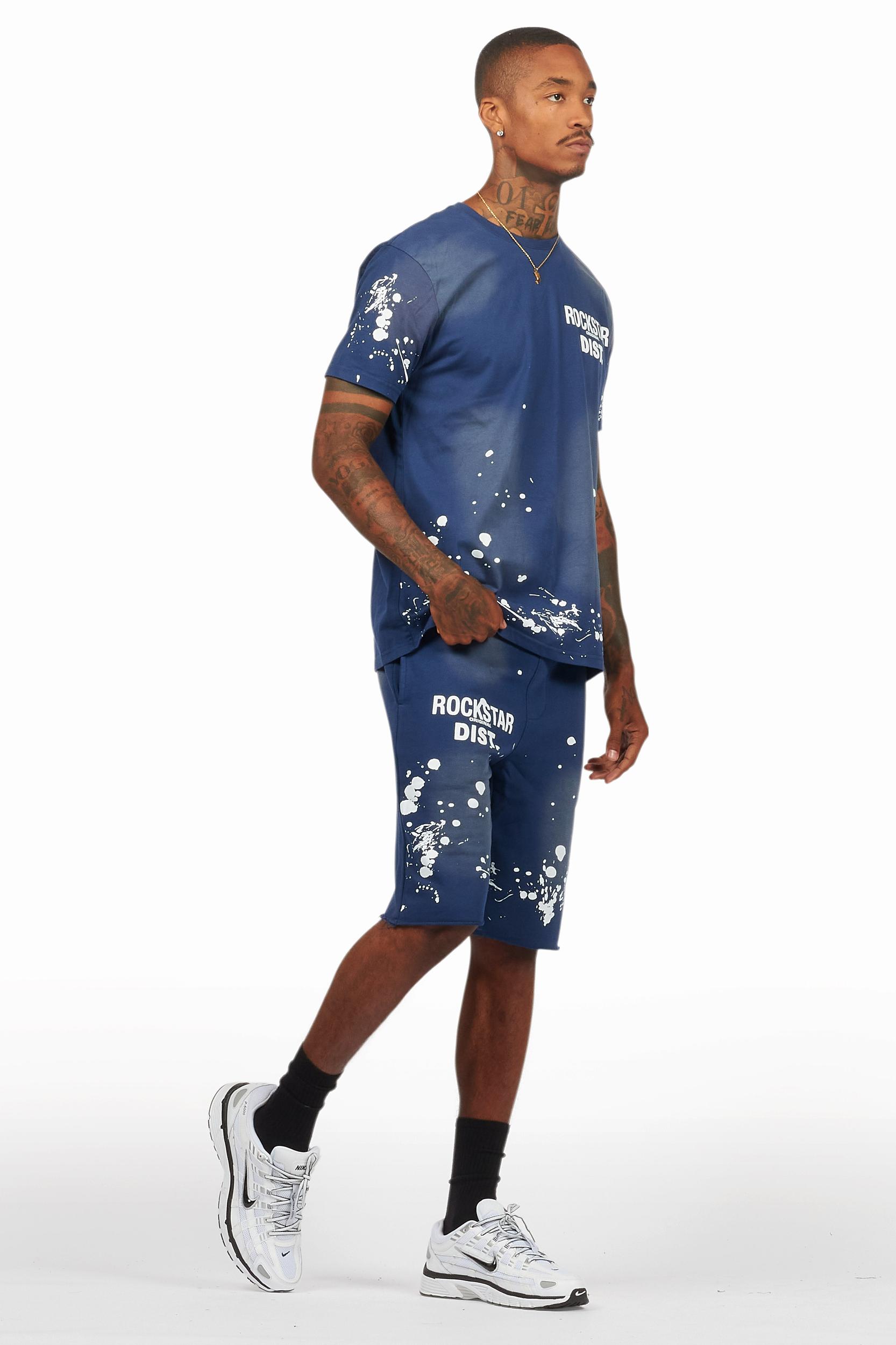 Rafix Navy Graphic T-Shirt Short Set Male Product Image