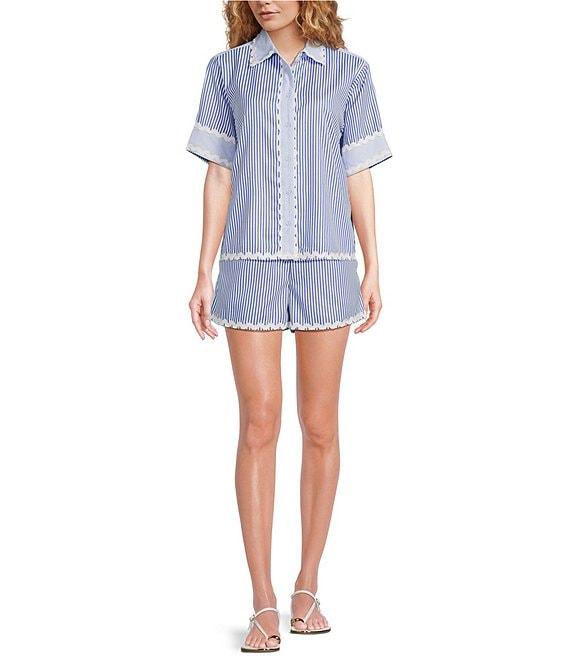 A Loves A Woven Ric Rac Trim Stripe Point Collar Scallop Hem Button Front Coordinating Shirt Product Image