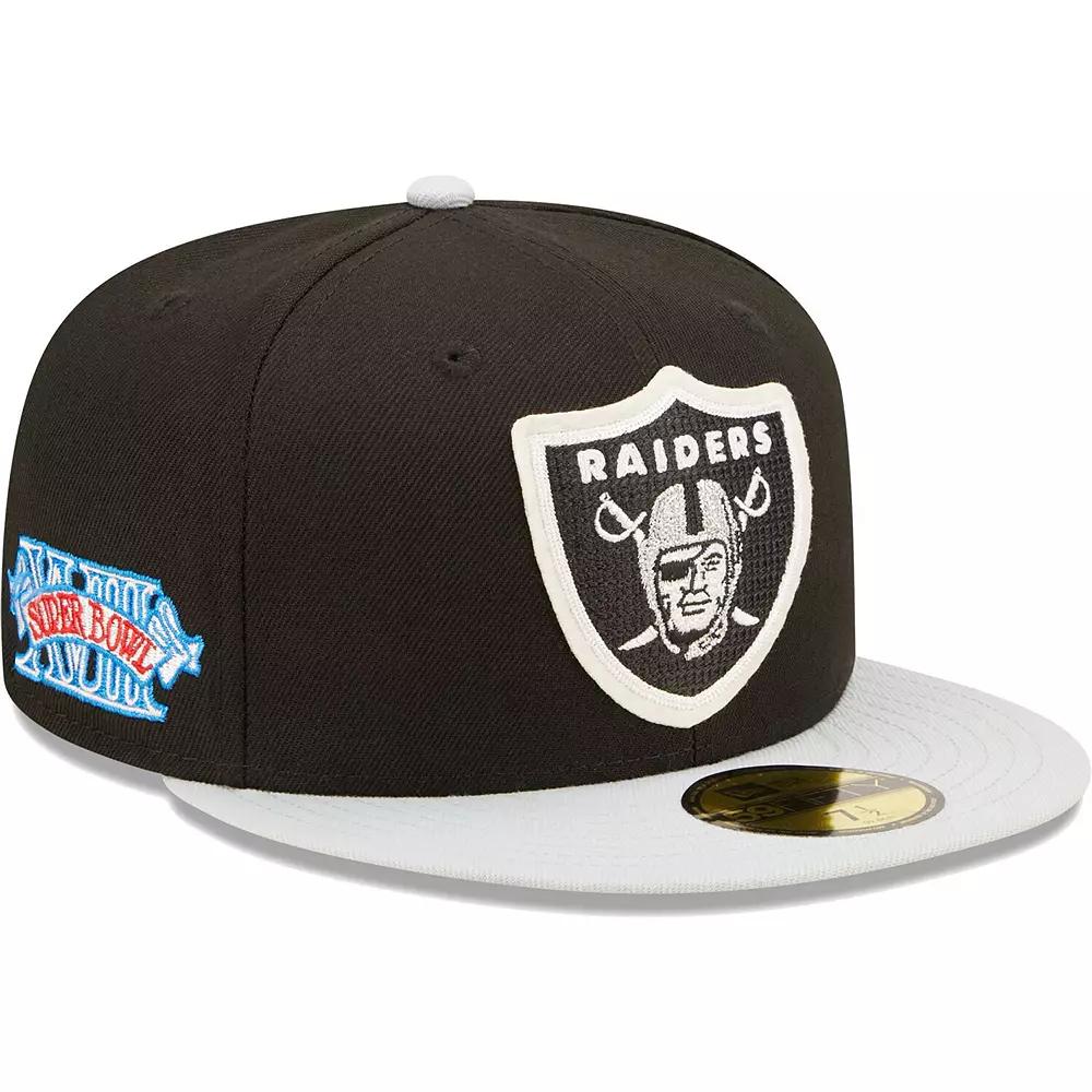 Men's New Era Black/Silver Las Vegas Raiders Super Bowl XVIII Letterman 59FIFTY Fitted Hat,  Product Image