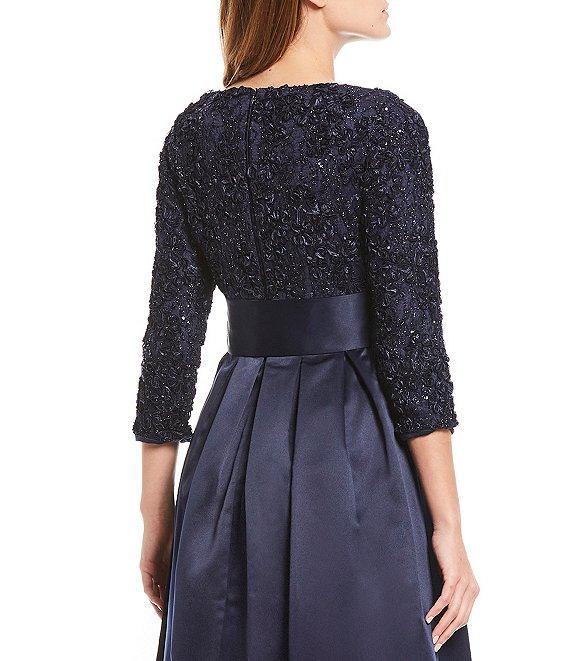Jessica Howard Soutache Floral Lace Round Neck Sequin Bodice Satin 3/4 Sleeve Tie Belt Ball Gown Product Image