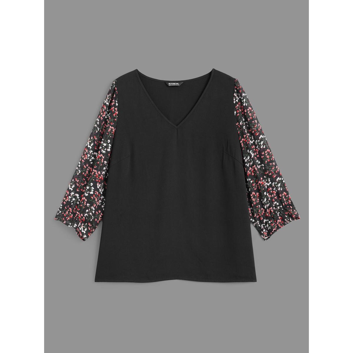 Plus Size Black V Neck Ditsy Floral Patchwork Blouse Women Elegant Elbow-length sleeve V-neck Everyday Blouses BloomChic 10/M Product Image