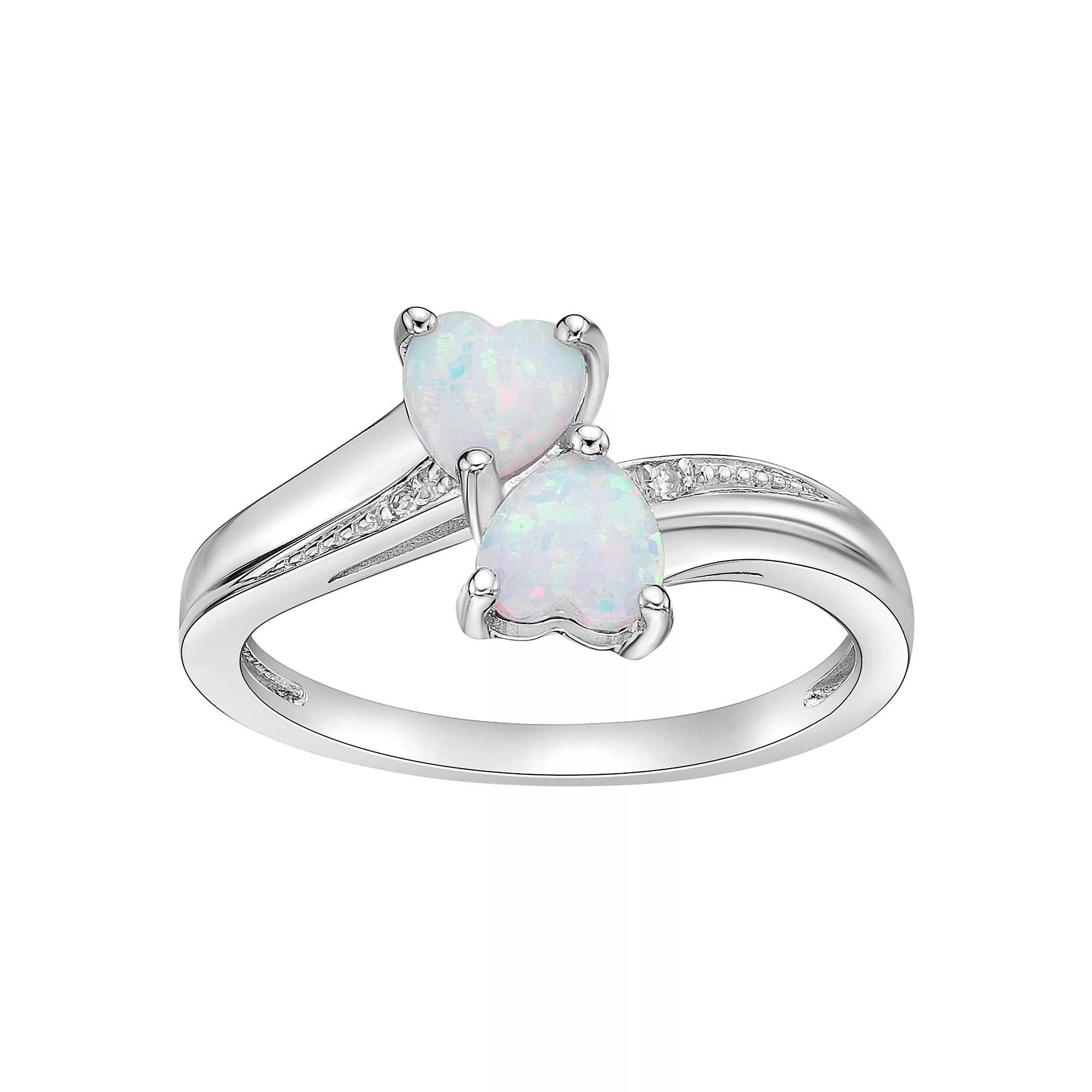 Gemminded Sterling Silver Lab-Created Opal and Diamond Accent Heart Bypass Ring, Women's,  Product Image