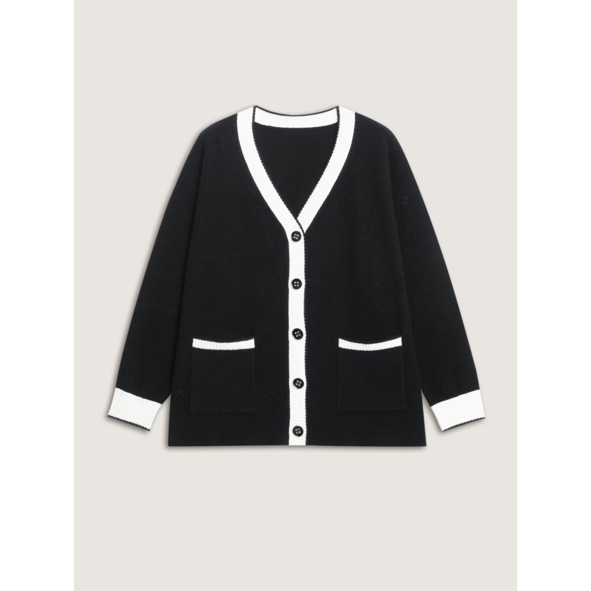 Plus Size Supersoft Contrast Trim Pocketed Cardigan Black Women Office Loose Long Sleeve Office Cardigans BloomChic 26/4X Product Image