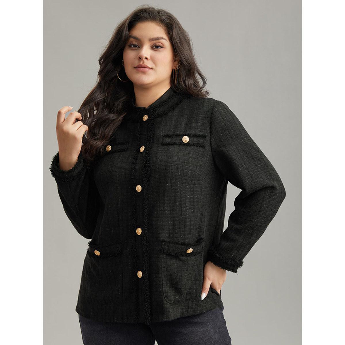 Plus Size Fuzzy Trim Pocket Metal Button Fly Jacket Women Black Casual Plain Ladies Everyday Winter Coats BloomChic 26/4X Product Image