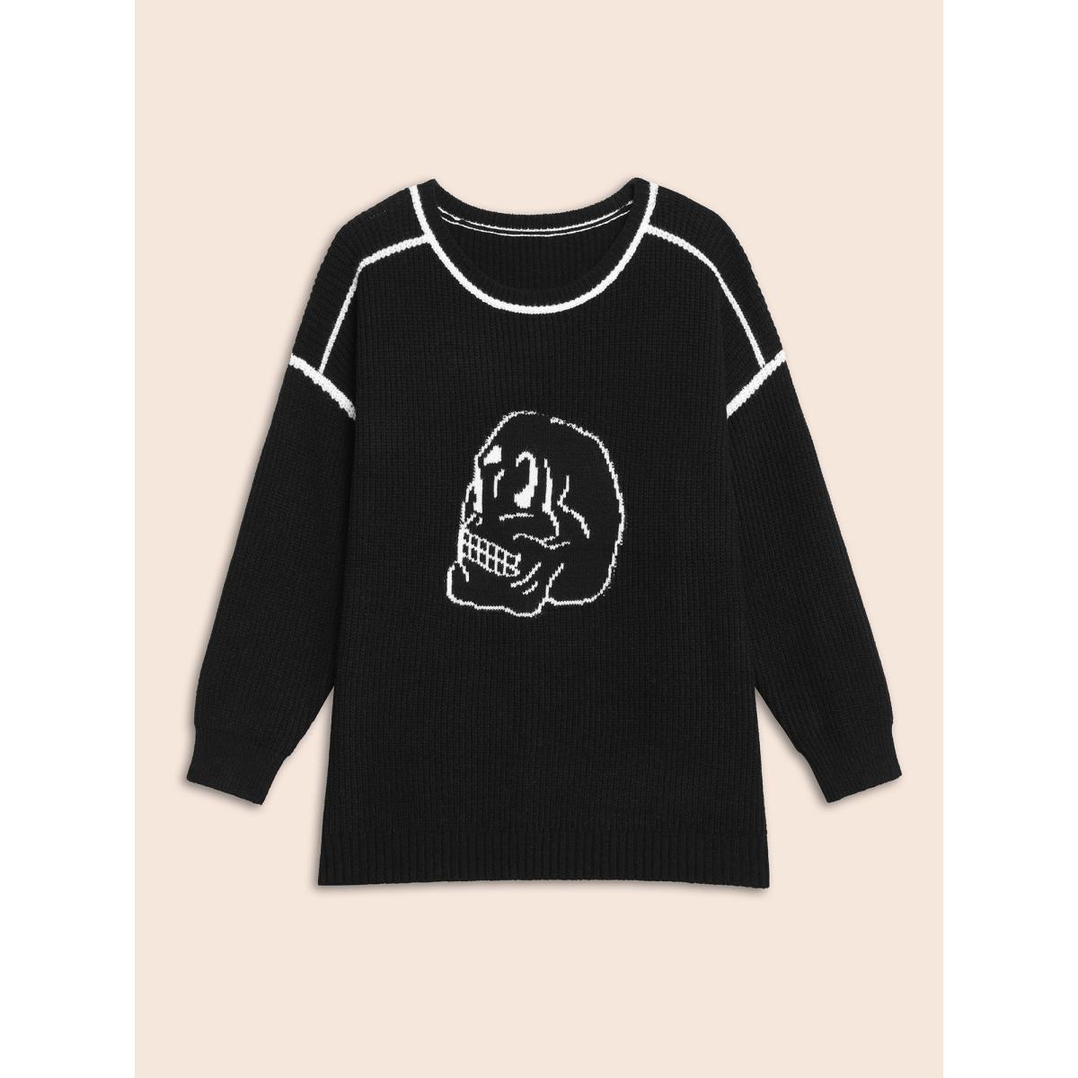 Plus Size Skull Printed Balloon Sleeves Pullover Black Women Casual Loose Long Sleeve Round Neck Everyday Pullovers BloomChic 30/6X Product Image