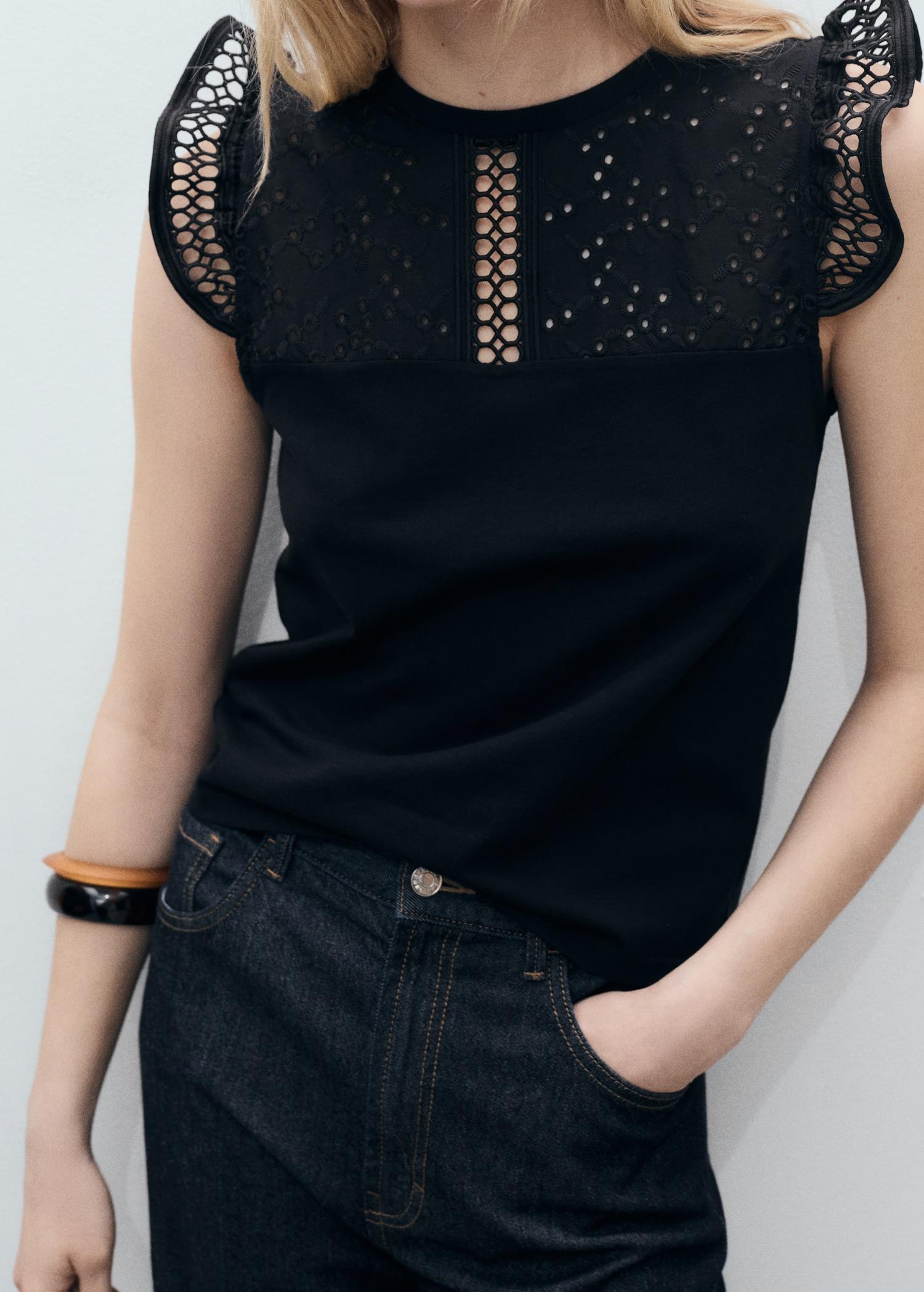 Cotton top with openwork neckline - Women | MANGO USA Product Image