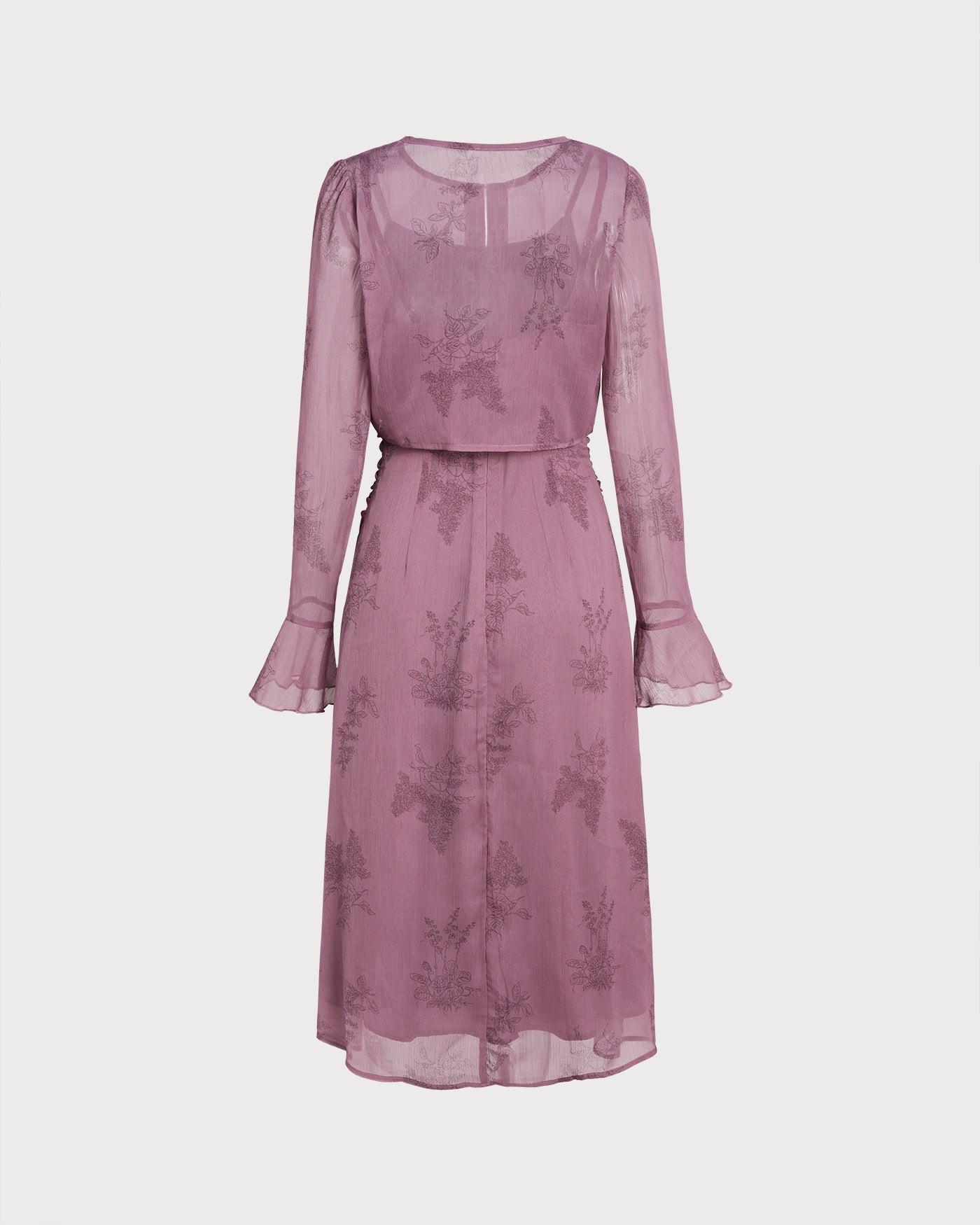 Purple Floral Ruched Slip Midi Dress Product Image
