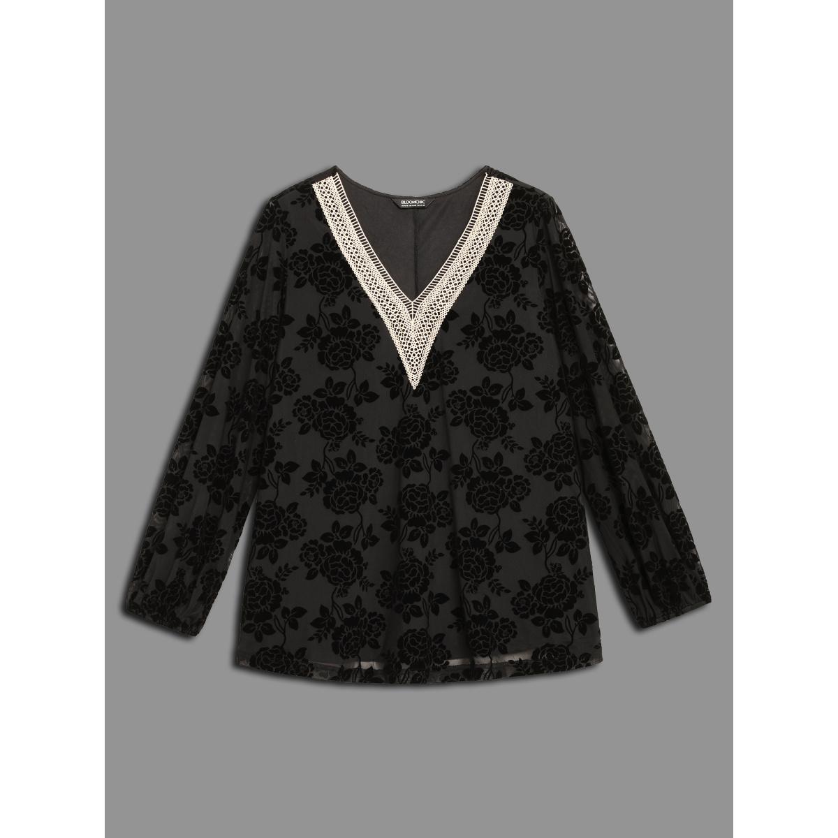 Plus Size Black Sheer Flocked Lace Trim V-neck Blouse Women Cocktail Long Sleeve V-neck Party Blouses BloomChic 14-16/1X Product Image