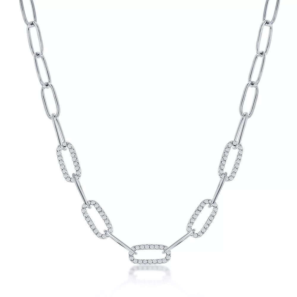 Argento Bella Sterling Silver Cubic Zirconia Bar Link & Paper Clip Chain Necklace, Womens Product Image