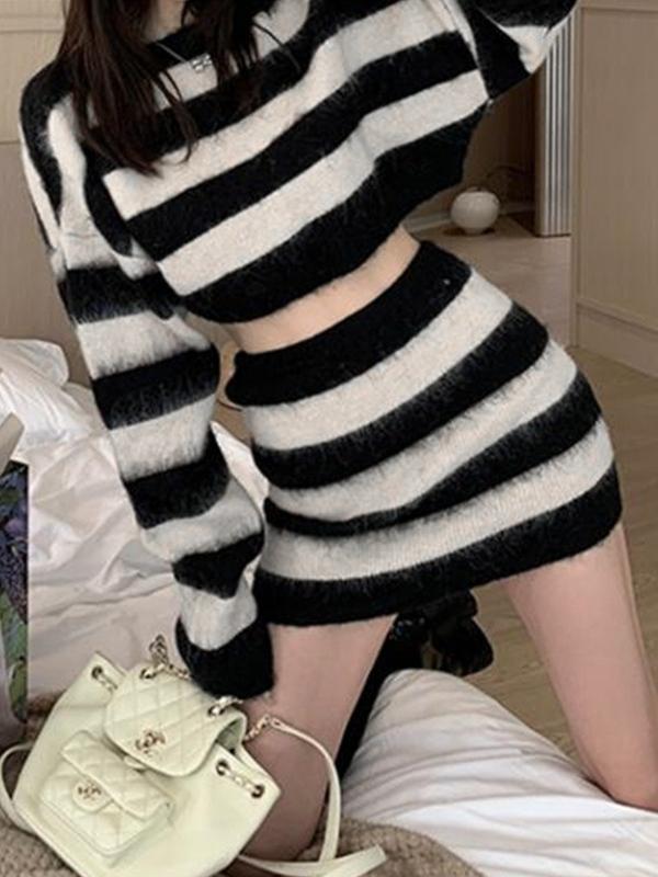 Striped Loose Long Sleeve Knit & Mini Skirt Set Product Image