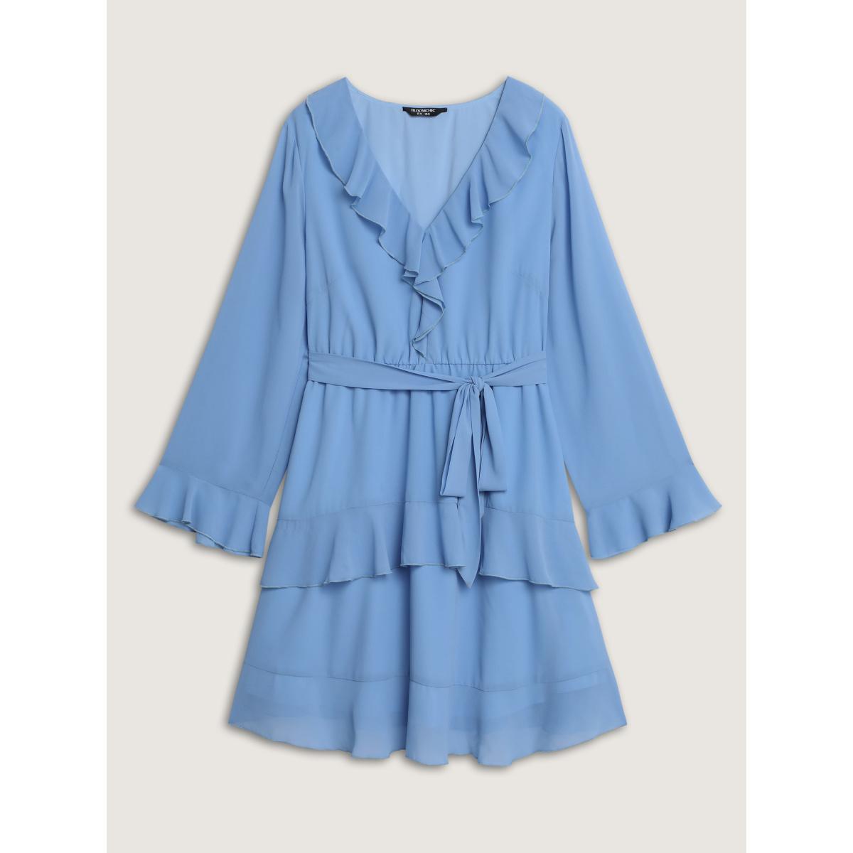 Plus Size Lotus Leaf Neckline Layered Midi Dress LightBlue Women Romantic See through V-neck Long Sleeve Curvy BloomChic 10/M Product Image